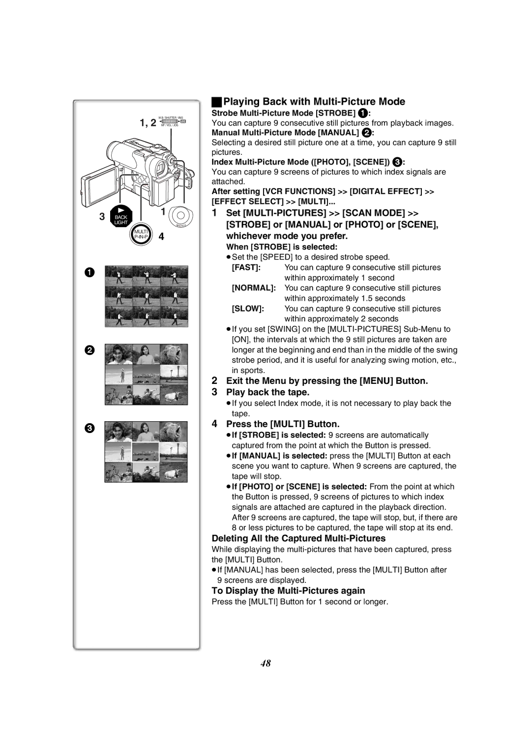 Panasonic PV-GS50-K operating instructions Playing Back with Multi-Picture Mode, Strobe Multi-Picture Mode Strobe 