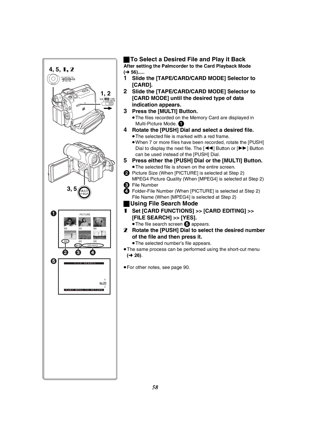 Panasonic PV-GS50-K To Select a Desired File and Play it Back, Multi, ªUsing File Search Mode, File Search YES 