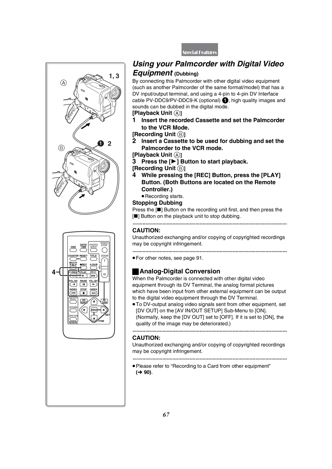 Panasonic PV-GS50 Using your Palmcorder with Digital Video Equipment Dubbing, Analog-Digital Conversion, Stopping Dubbing 