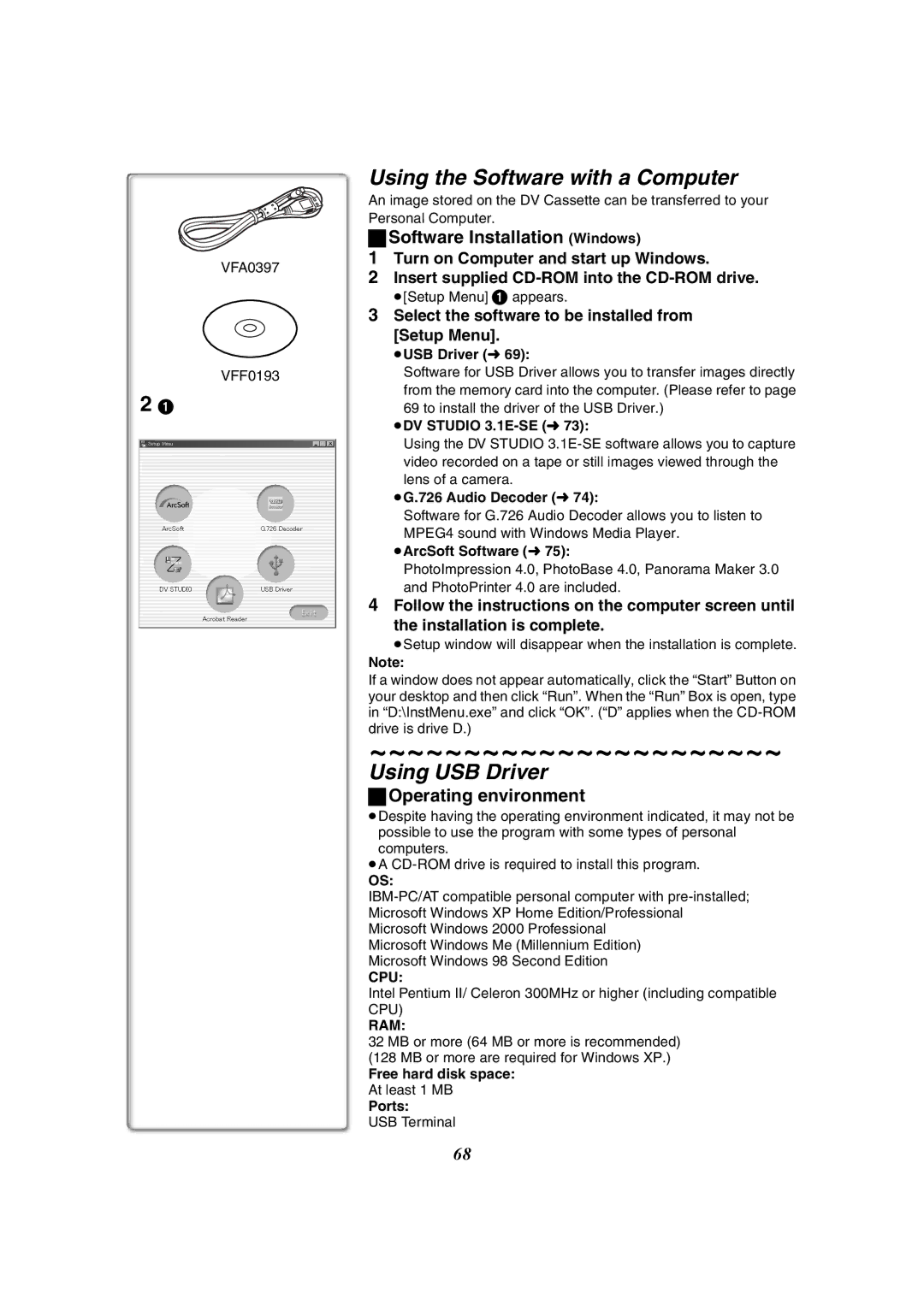 Panasonic PV-GS50-K Using the Software with a Computer, Using USB Driver, Software Installation Windows 