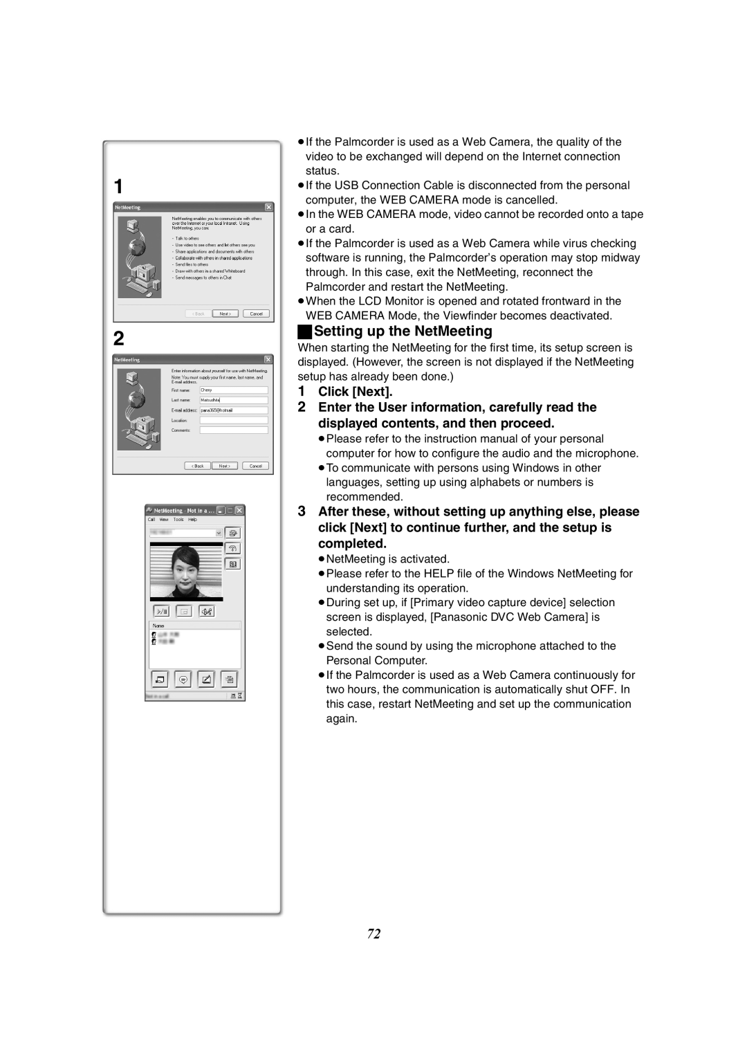 Panasonic PV-GS50-K operating instructions Setting up the NetMeeting 