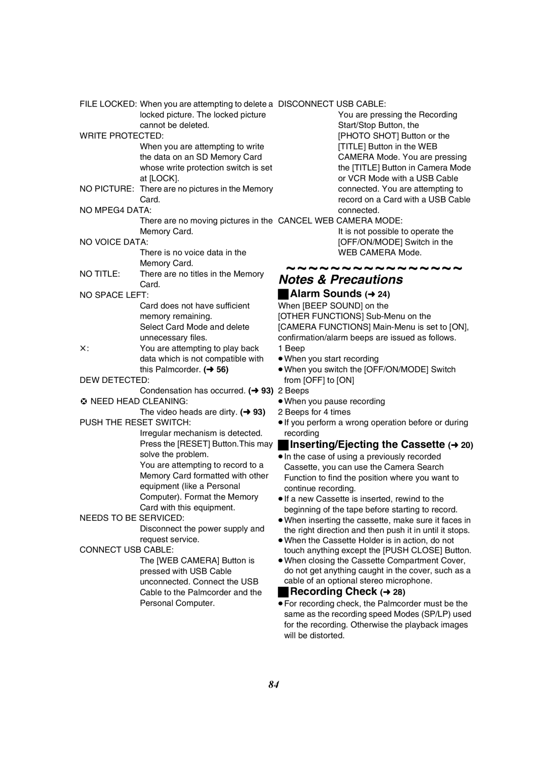 Panasonic PV-GS50-K operating instructions Alarm Sounds l24, Inserting/Ejecting the Cassette l20, Recording Check l28 