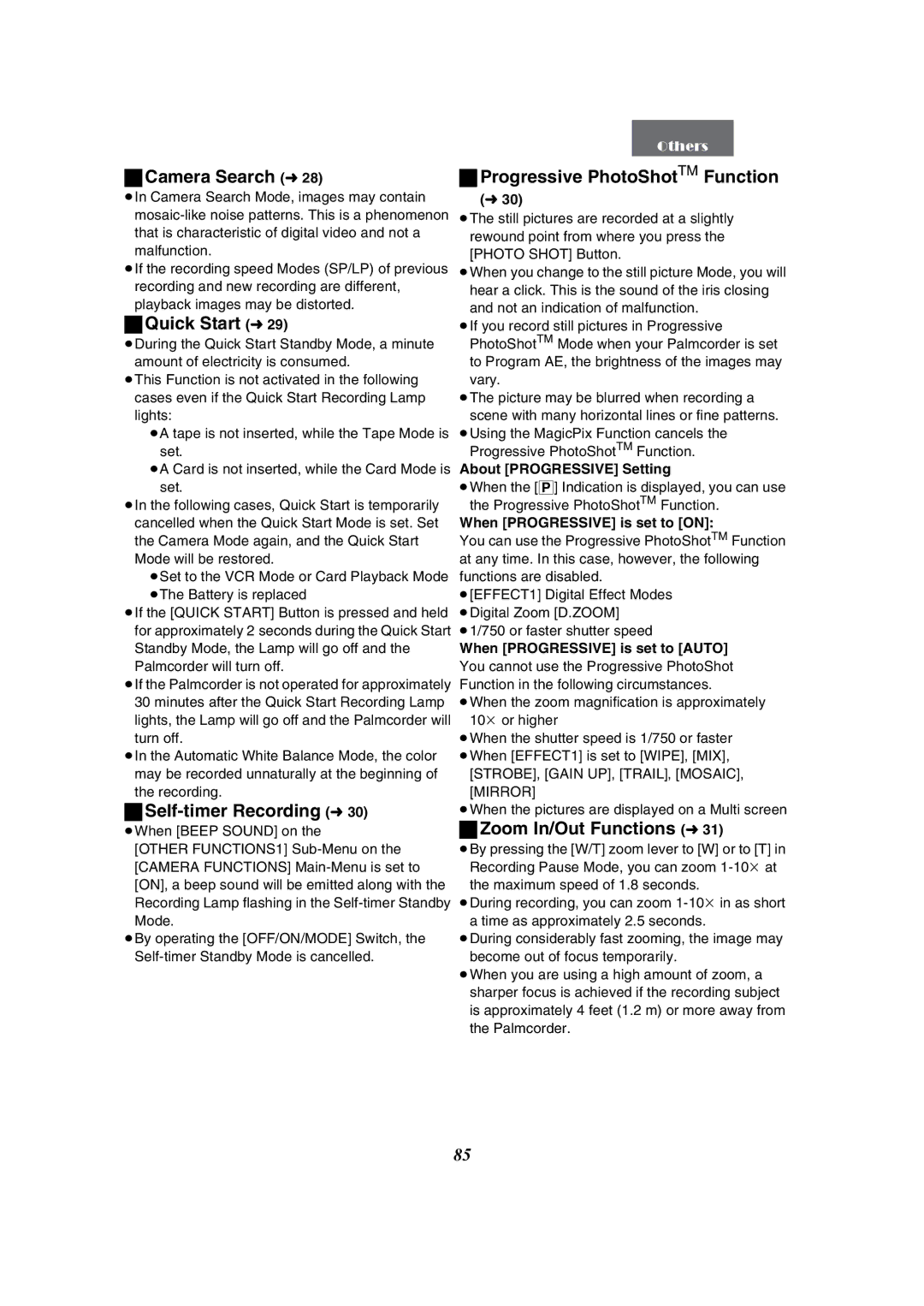 Panasonic PV-GS50 Camera Search l28, Quick Start l29, Self-timer Recording l30, Progressive PhotoShotTM Function 