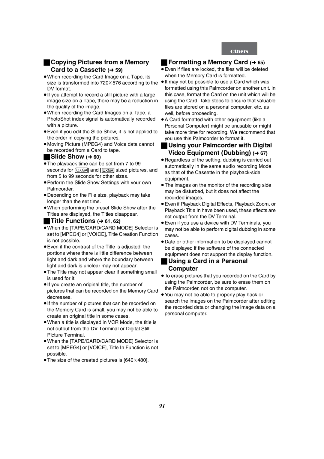 Panasonic PV-GS50-K Copying Pictures from a Memory Card to a Cassette l59, Slide Show l60, Title Functions l61 