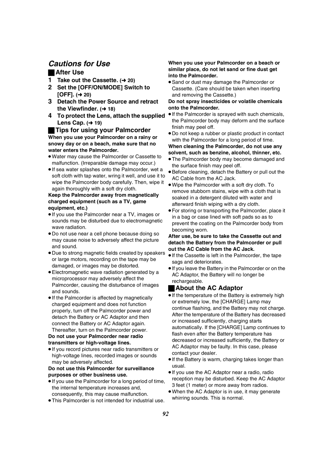 Panasonic PV-GS50-K operating instructions After Use, Tips for using your Palmcorder, About the AC Adaptor 