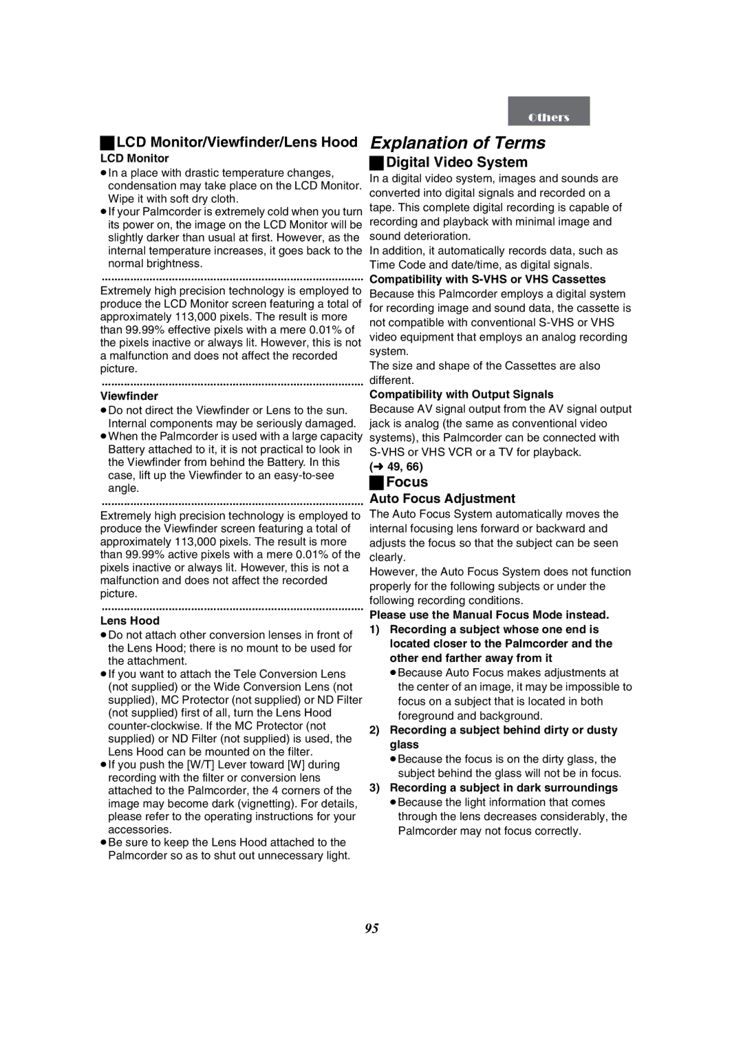 Panasonic PV-GS50-K Explanation of Terms, LCD Monitor/Viewfinder/Lens Hood, Digital Video System, Focus 