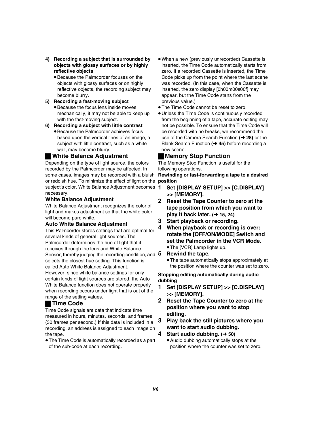 Panasonic PV-GS50-K operating instructions White Balance Adjustment, Time Code, Memory Stop Function 