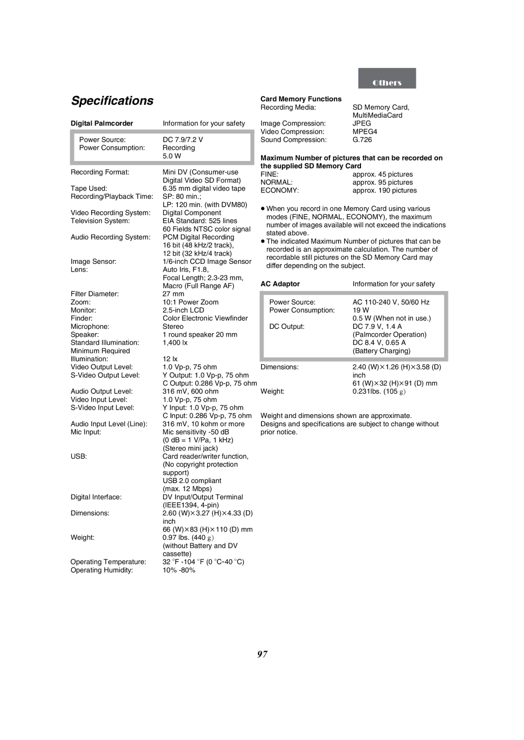 Panasonic PV-GS50-K operating instructions Specifications, Digital Palmcorder 