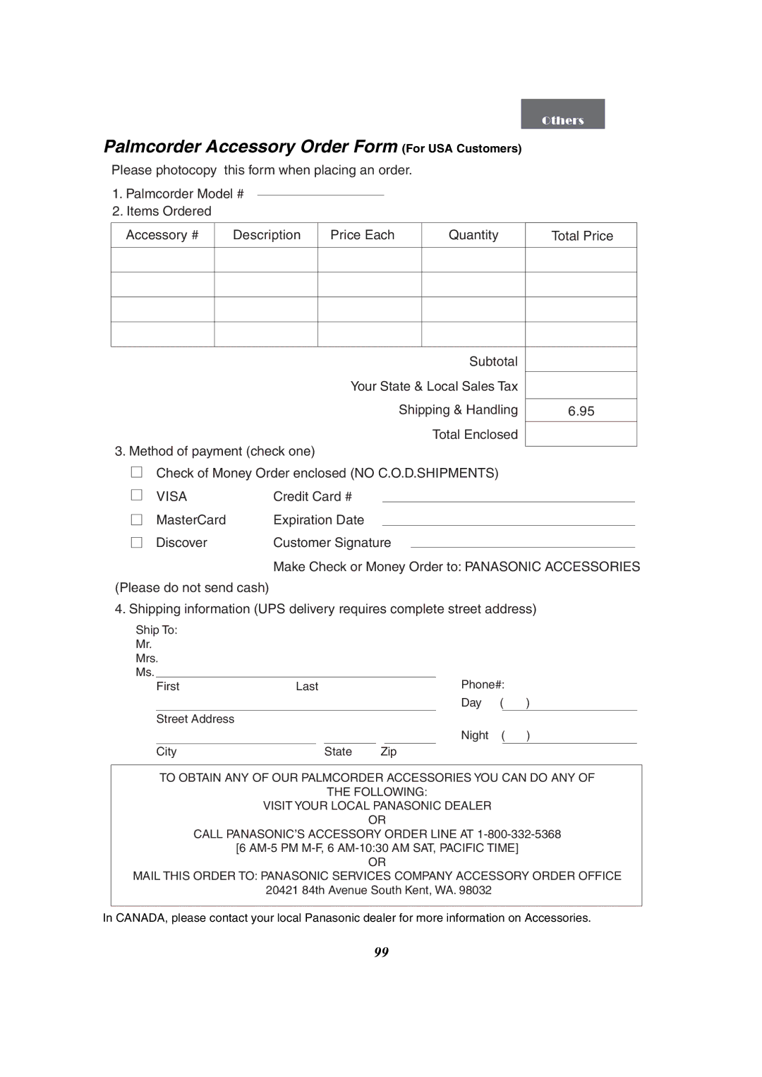 Panasonic PV-GS50 Palmcorder Accessory Order Form For USA Customers, AM-5 PM M-F, 6 AM-1030 AM SAT, Pacific Time 