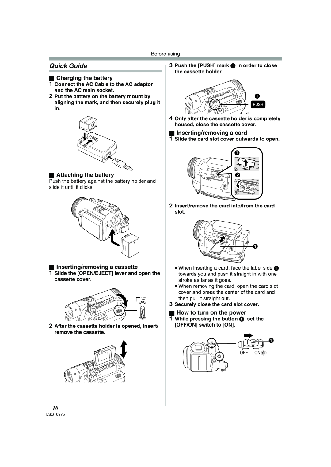 Panasonic PV-GS500 Quick Guide, ª Charging the battery, ª Attaching the battery, ª Inserting/removing a cassette 