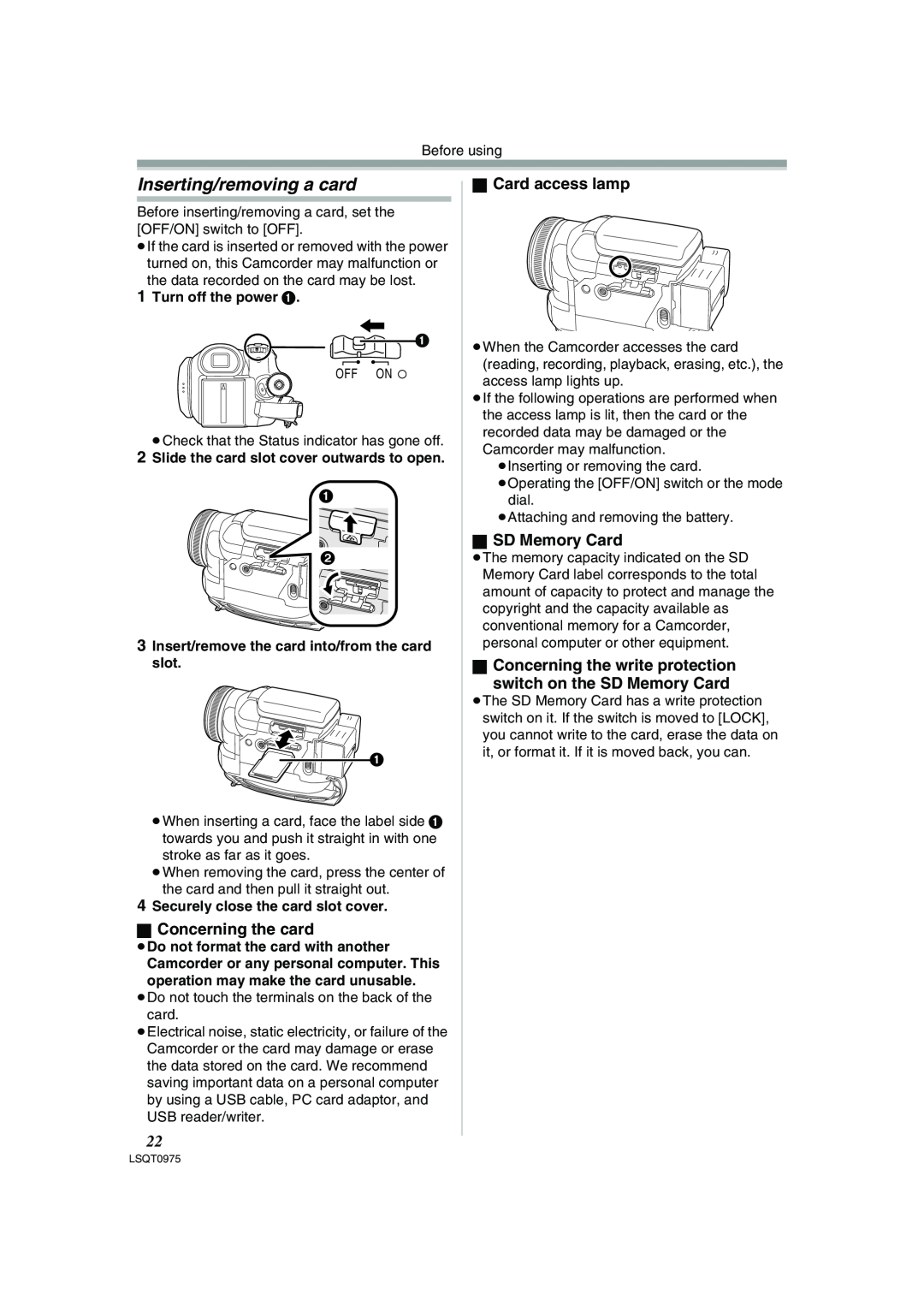 Panasonic PV-GS500 Inserting/removing a card, ª Concerning the card, ª Card access lamp, ª SD Memory Card 