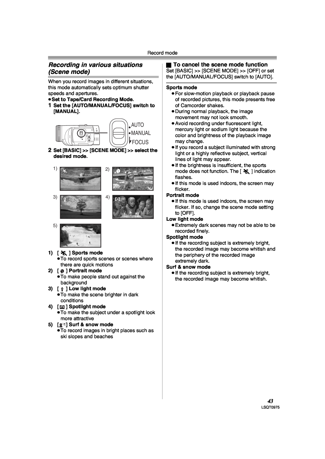 Panasonic PV-GS500 Recording in various situations Scene mode, Auto Manual Focus, ª To cancel the scene mode function 