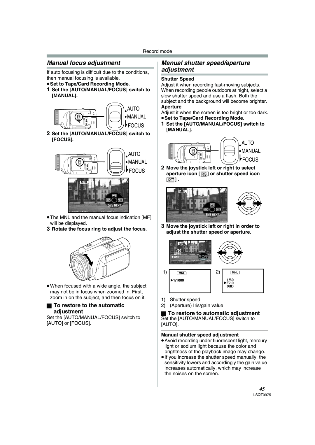 Panasonic PV-GS500 Manual focus adjustment, Manual shutter speed/aperture adjustment, Auto Manual Focus, Shutter Speed 