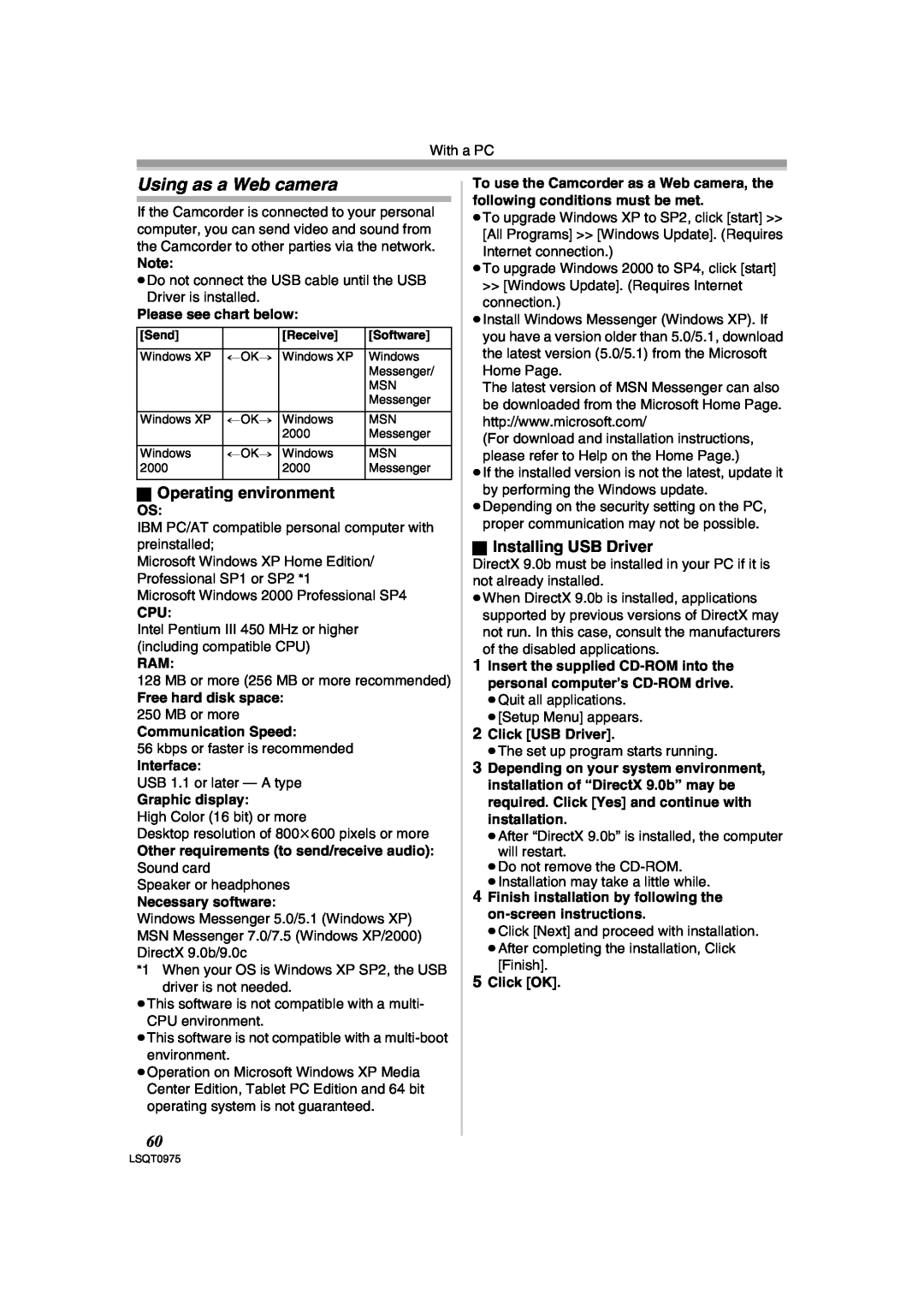 Panasonic PV-GS500 Using as a Web camera, ª Operating environment, ª Installing USB Driver, Please see chart below 