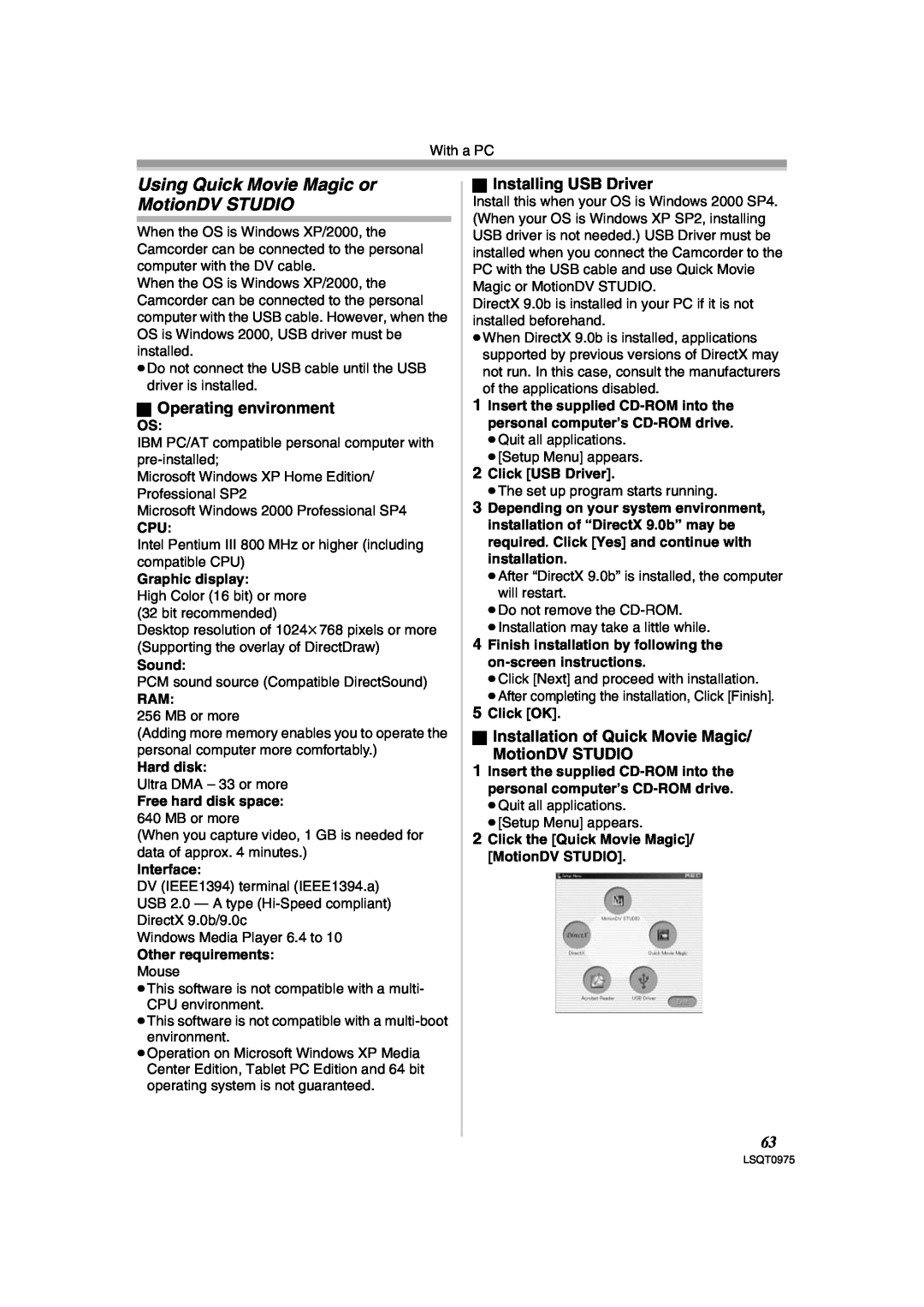 Panasonic PV-GS500 Using Quick Movie Magic or MotionDV STUDIO, ª Operating environment, ª Installing USB Driver, Sound 