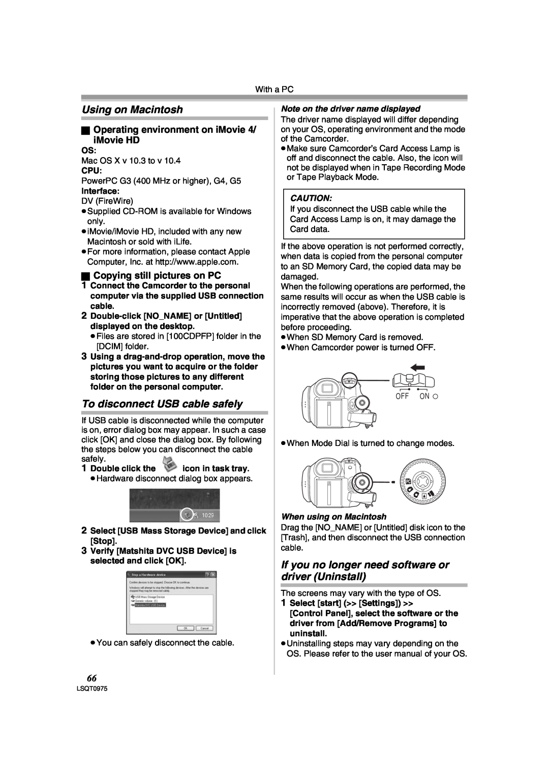 Panasonic PV-GS500 Using on Macintosh, To disconnect USB cable safely, If you no longer need software or driver Uninstall 