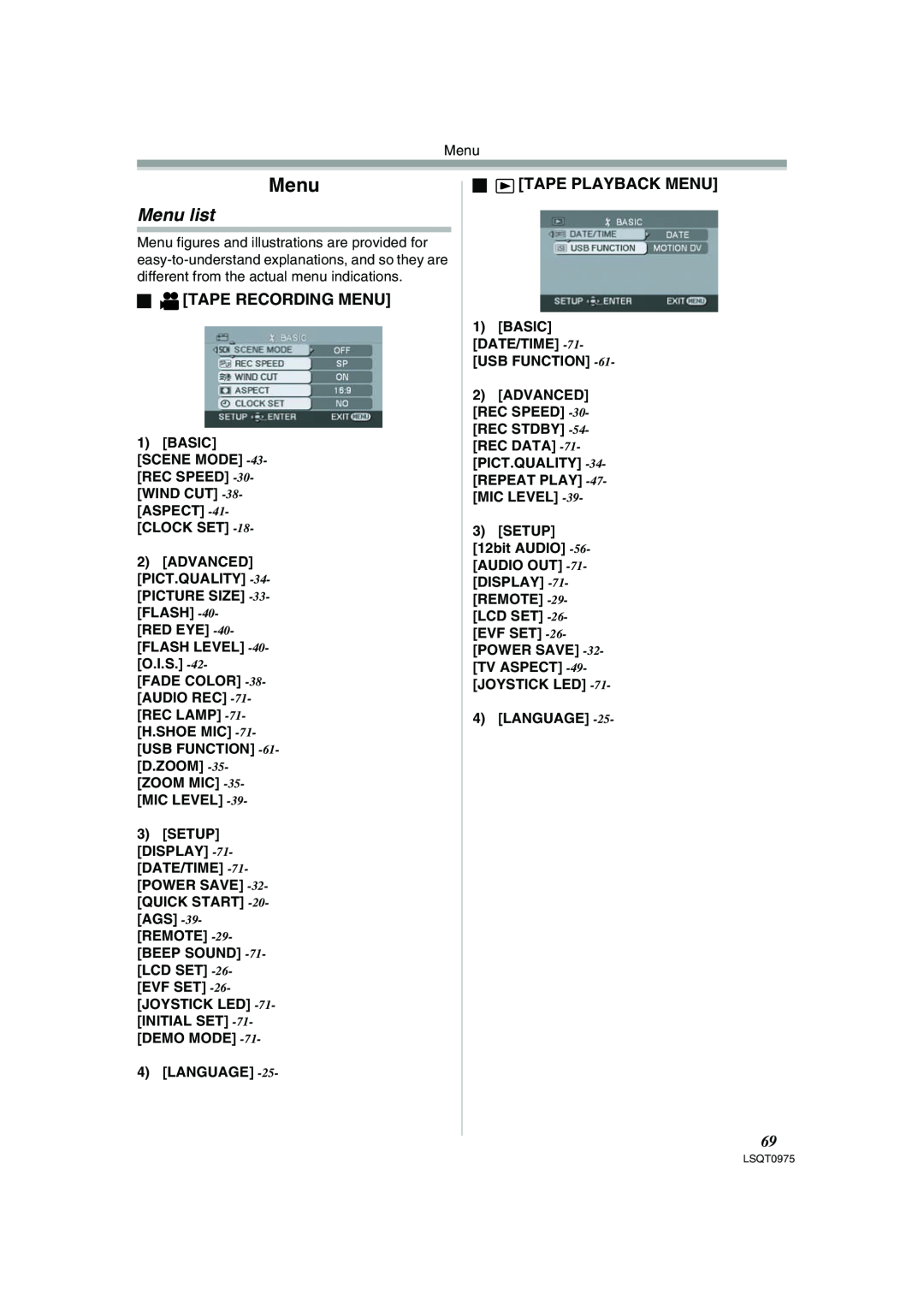 Panasonic PV-GS500 operating instructions Menu list, ª Tape Recording Menu, ª Tape Playback Menu, Language 