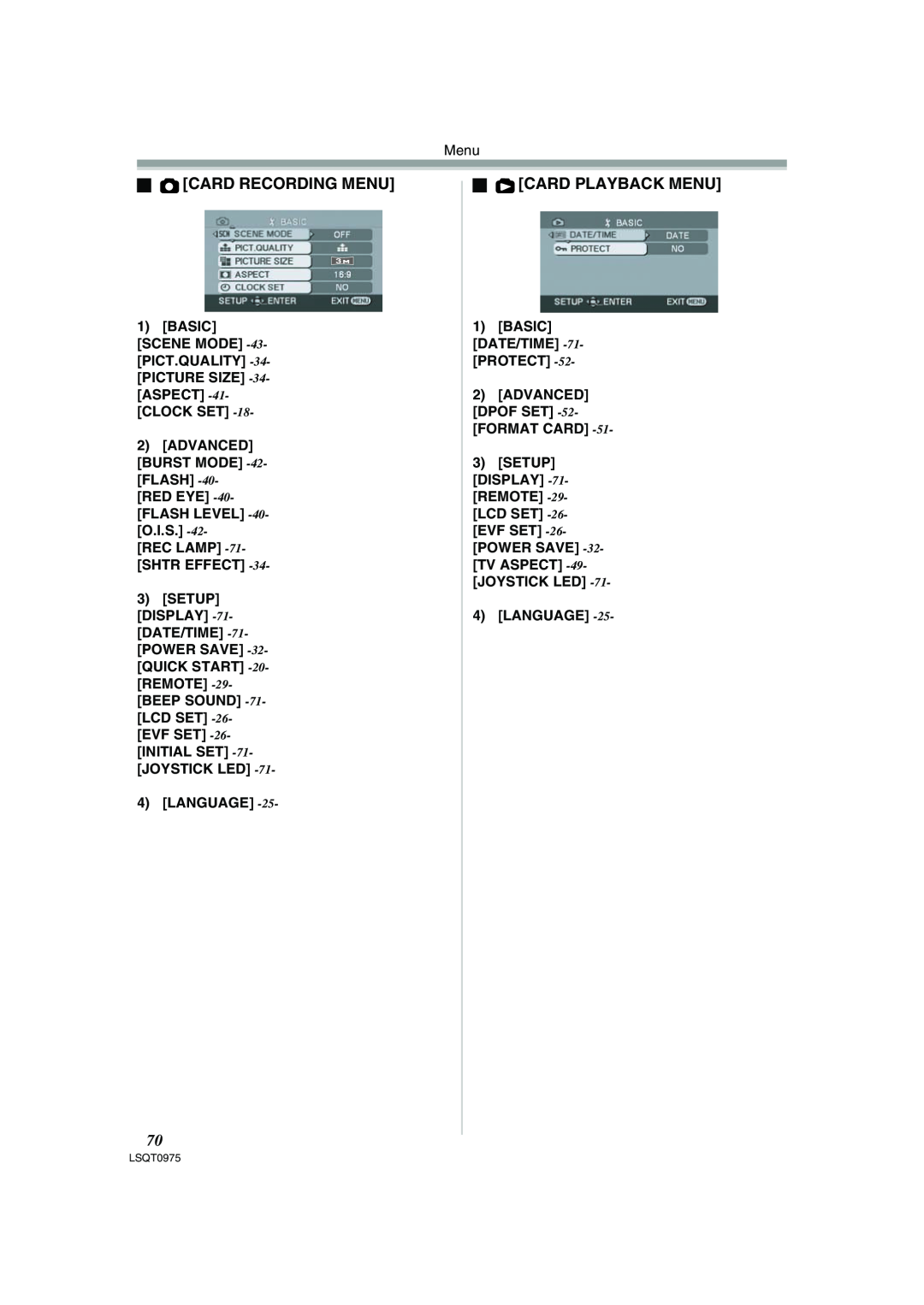 Panasonic PV-GS500 operating instructions ª Card Recording Menu, ª Card Playback Menu, REC LAMP -71- SHTR EFFECT, Language 