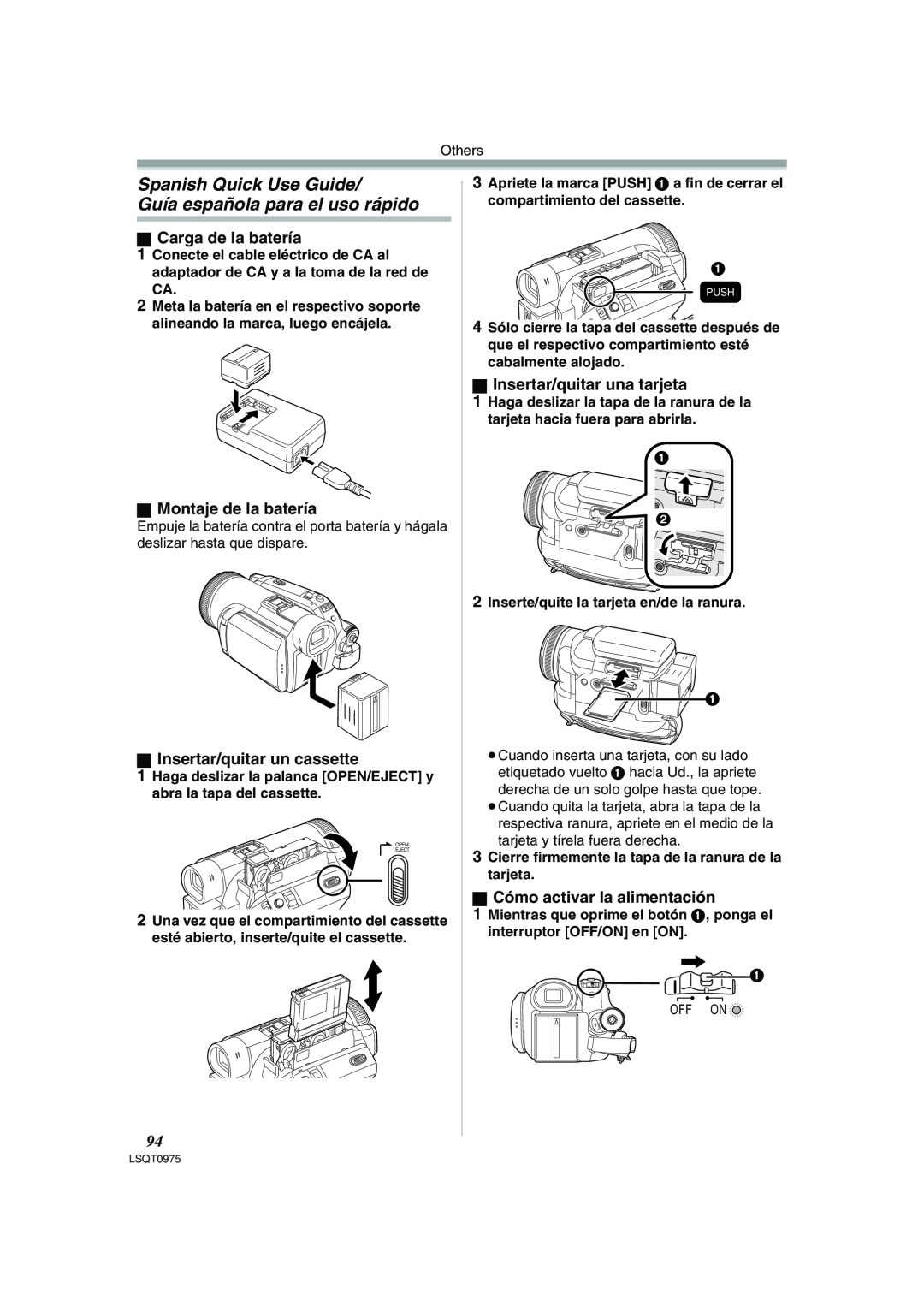 Panasonic PV-GS500 operating instructions Spanish Quick Use Guide Guía española para el uso rápido, ª Carga de la batería 