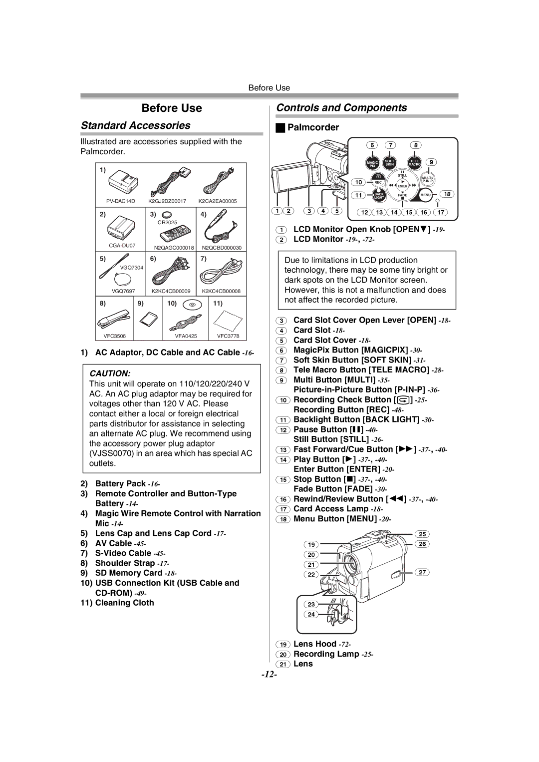 Panasonic PV-GS55 Standard Accessories, Controls and Components, Palmcorder, AC Adaptor, DC Cable and AC Cable 