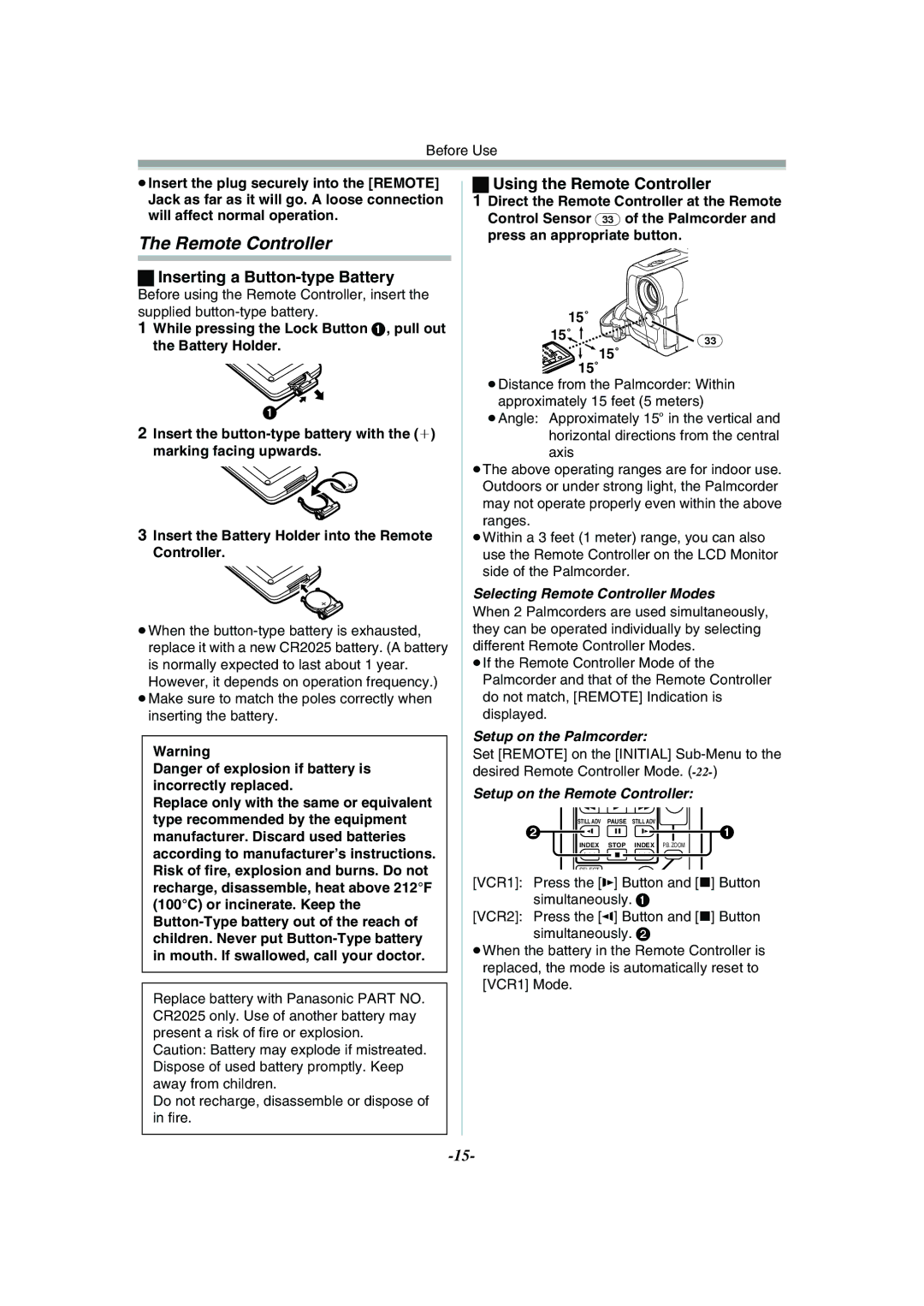 Panasonic PV-GS55 operating instructions Inserting a Button-type Battery, Using the Remote Controller 