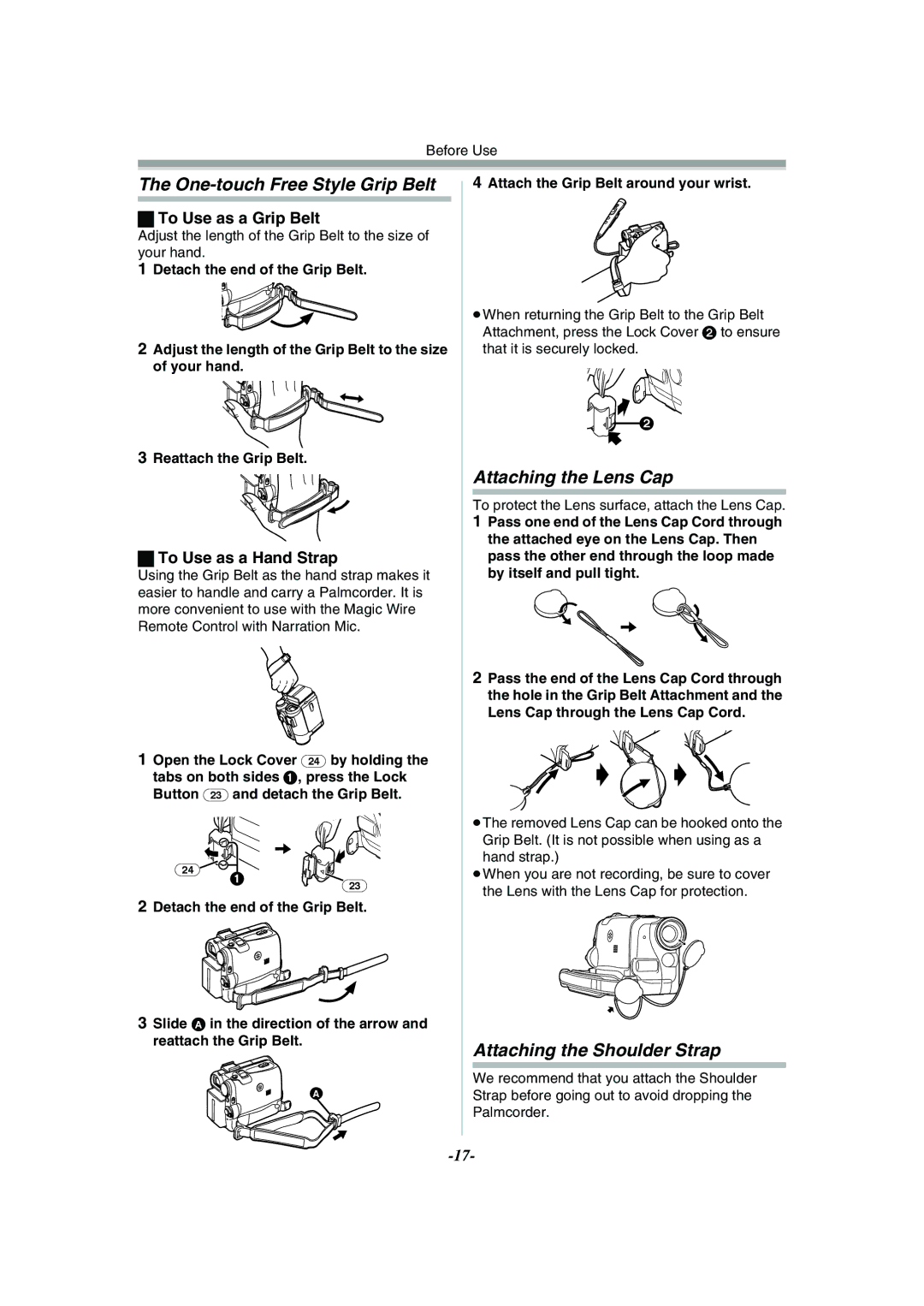Panasonic PV-GS55 One-touch Free Style Grip Belt, Attaching the Lens Cap, Attaching the Shoulder Strap 