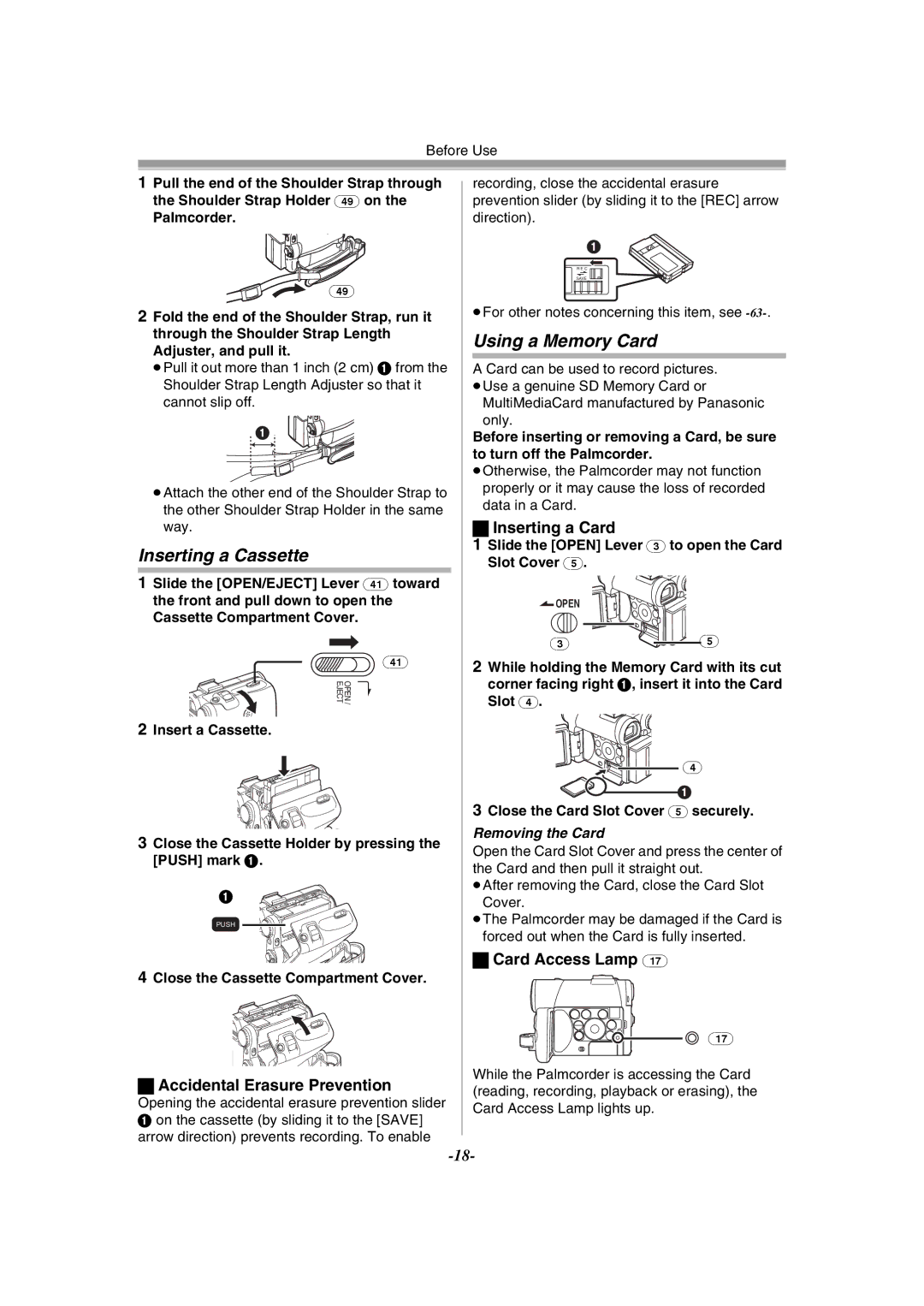 Panasonic PV-GS55 Inserting a Cassette, Using a Memory Card, Accidental Erasure Prevention, Inserting a Card 