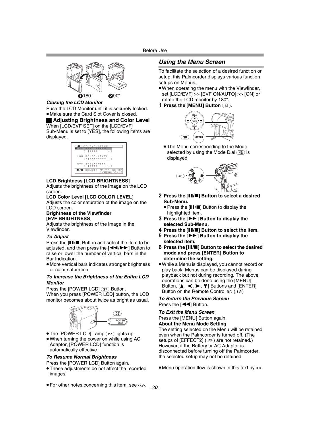 Panasonic PV-GS55 operating instructions Using the Menu Screen, Adjusting Brightness and Color Level 