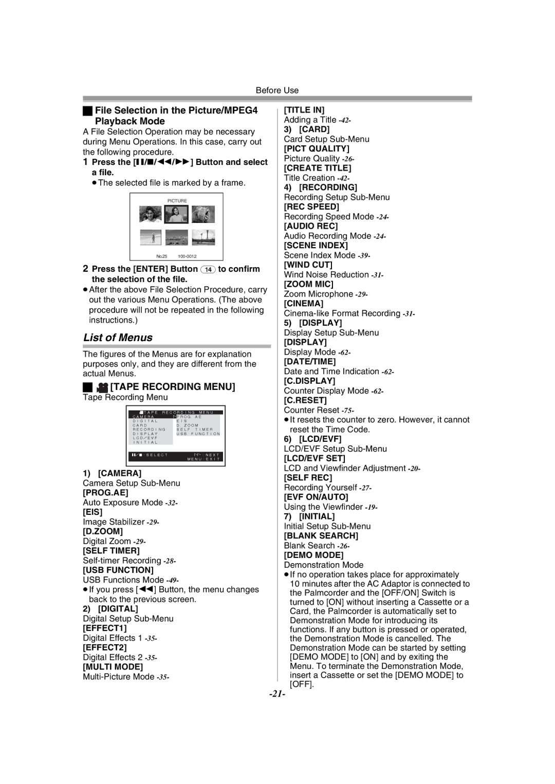 Panasonic PV-GS55 List of Menus, File Selection in the Picture/MPEG4 Playback Mode, Tape Recording Menu 