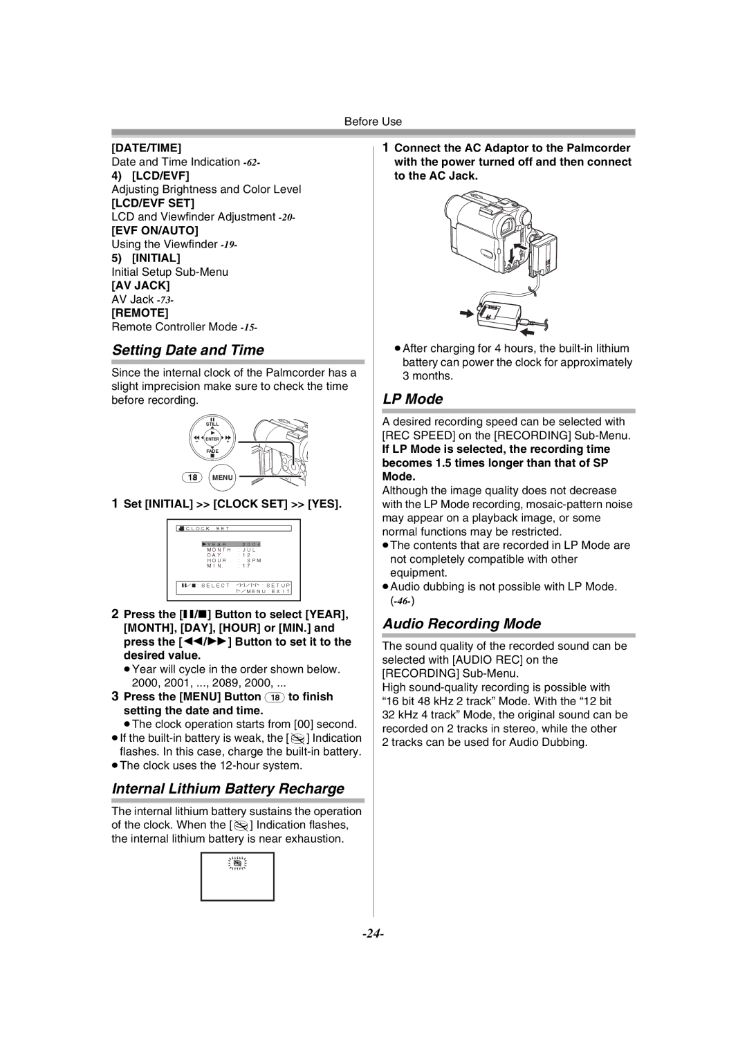 Panasonic PV-GS55 Setting Date and Time, Internal Lithium Battery Recharge, LP Mode, Audio Recording Mode 