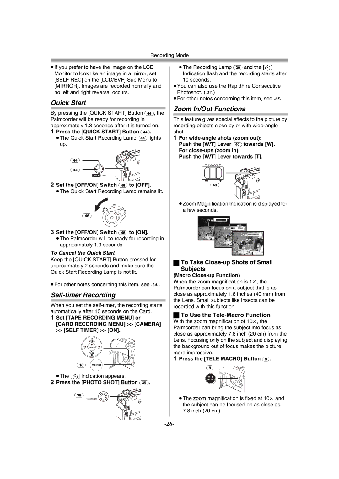 Panasonic PV-GS55 Quick Start, Self-timer Recording, Zoom In/Out Functions, To Take Close-up Shots of Small Subjects 