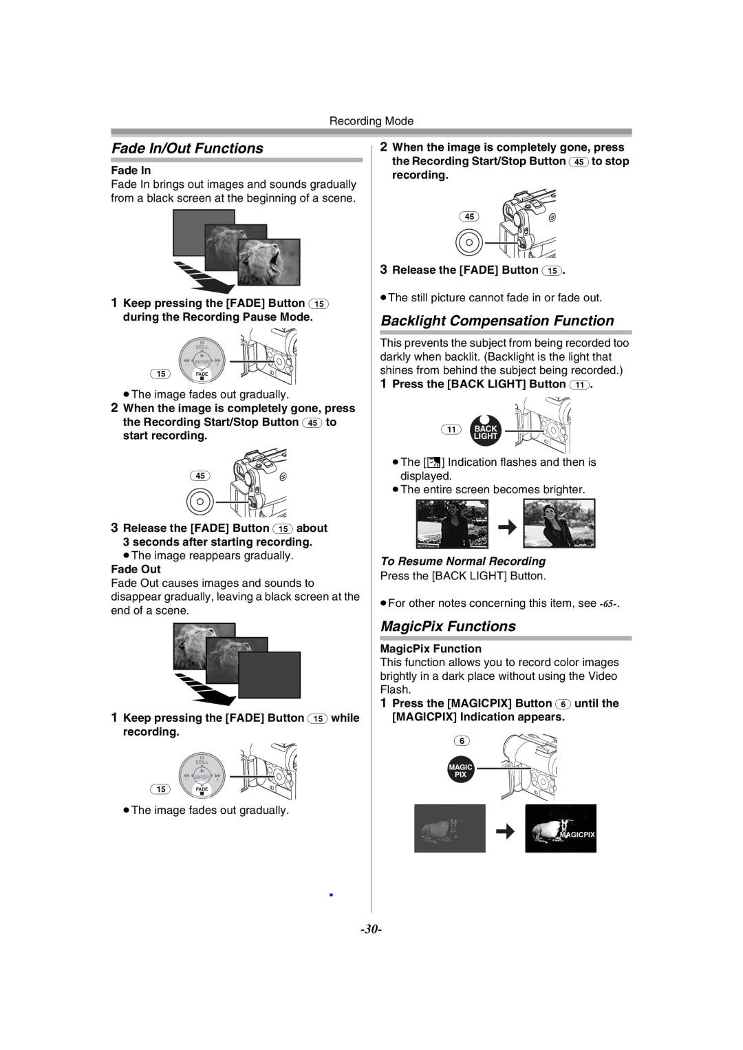 Panasonic PV-GS55 operating instructions Fade In/Out Functions, Backlight Compensation Function, MagicPix Functions 