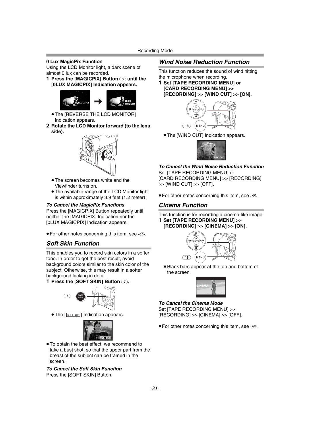 Panasonic PV-GS55 operating instructions Soft Skin Function, Wind Noise Reduction Function, Cinema Function 