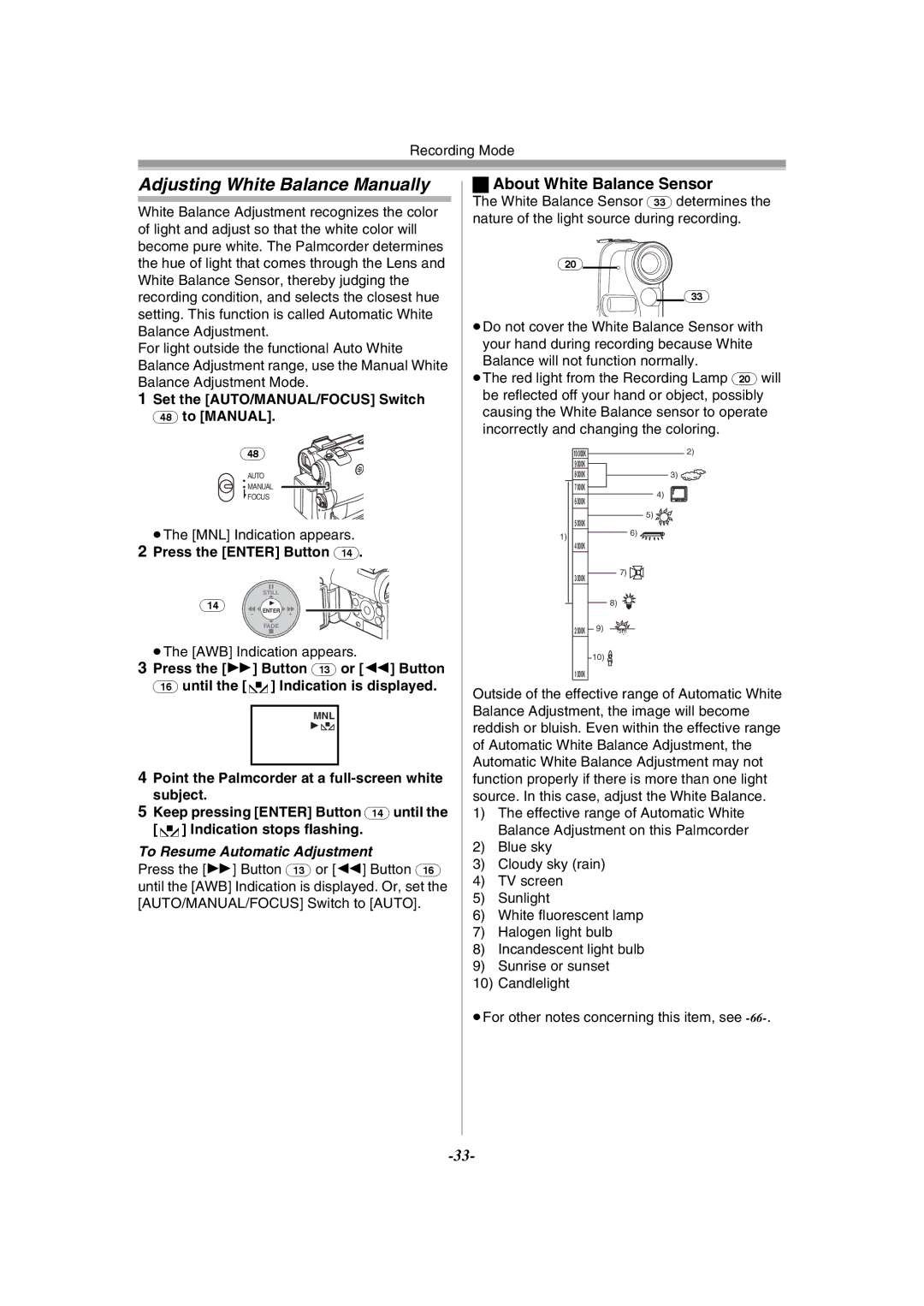 Panasonic PV-GS55 operating instructions Adjusting White Balance Manually, About White Balance Sensor 