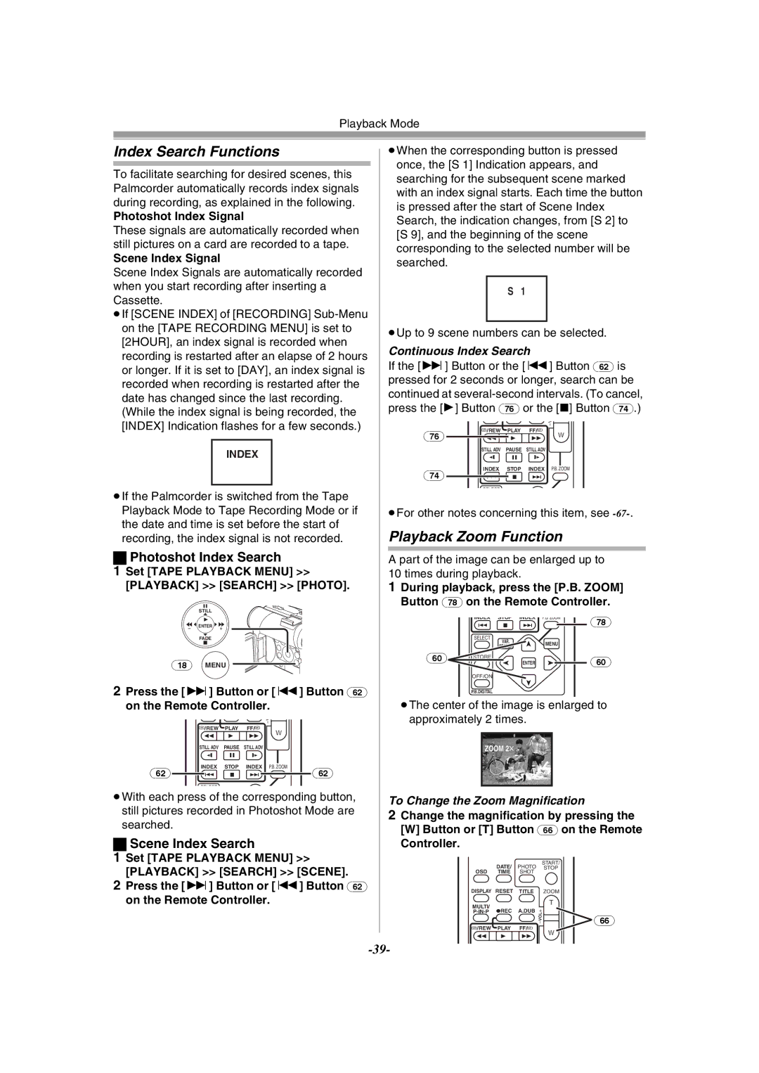 Panasonic PV-GS55 Index Search Functions, Playback Zoom Function, Photoshot Index Search, Scene Index Search 