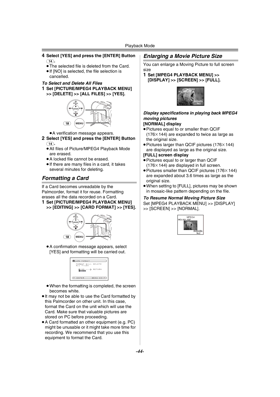 Panasonic PV-GS55 operating instructions Formatting a Card, Enlarging a Movie Picture Size, To Select and Delete All Files 