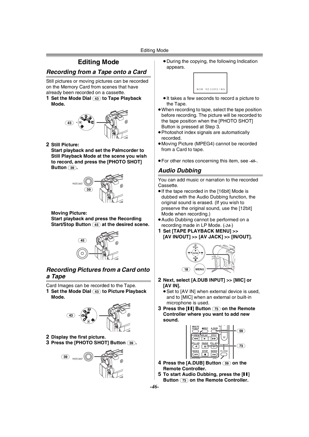 Panasonic PV-GS55 Recording from a Tape onto a Card, Recording Pictures from a Card onto a Tape, Audio Dubbing 