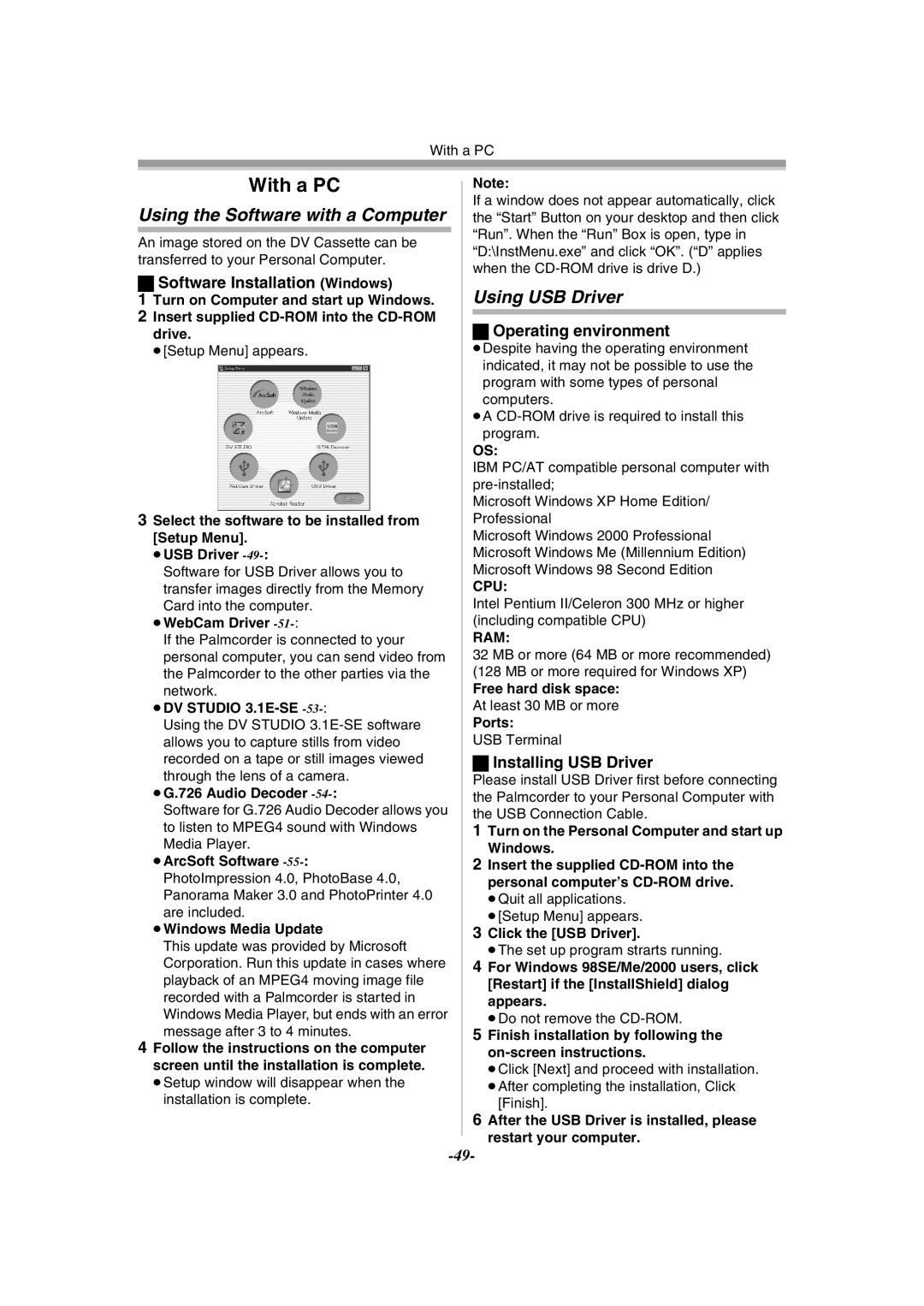 Panasonic PV-GS55 Using the Software with a Computer, Using USB Driver, Software Installation Windows 