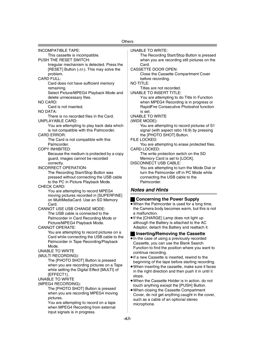 Panasonic PV-GS55 operating instructions Concerning the Power Supply, Inserting/Removing the Cassette 