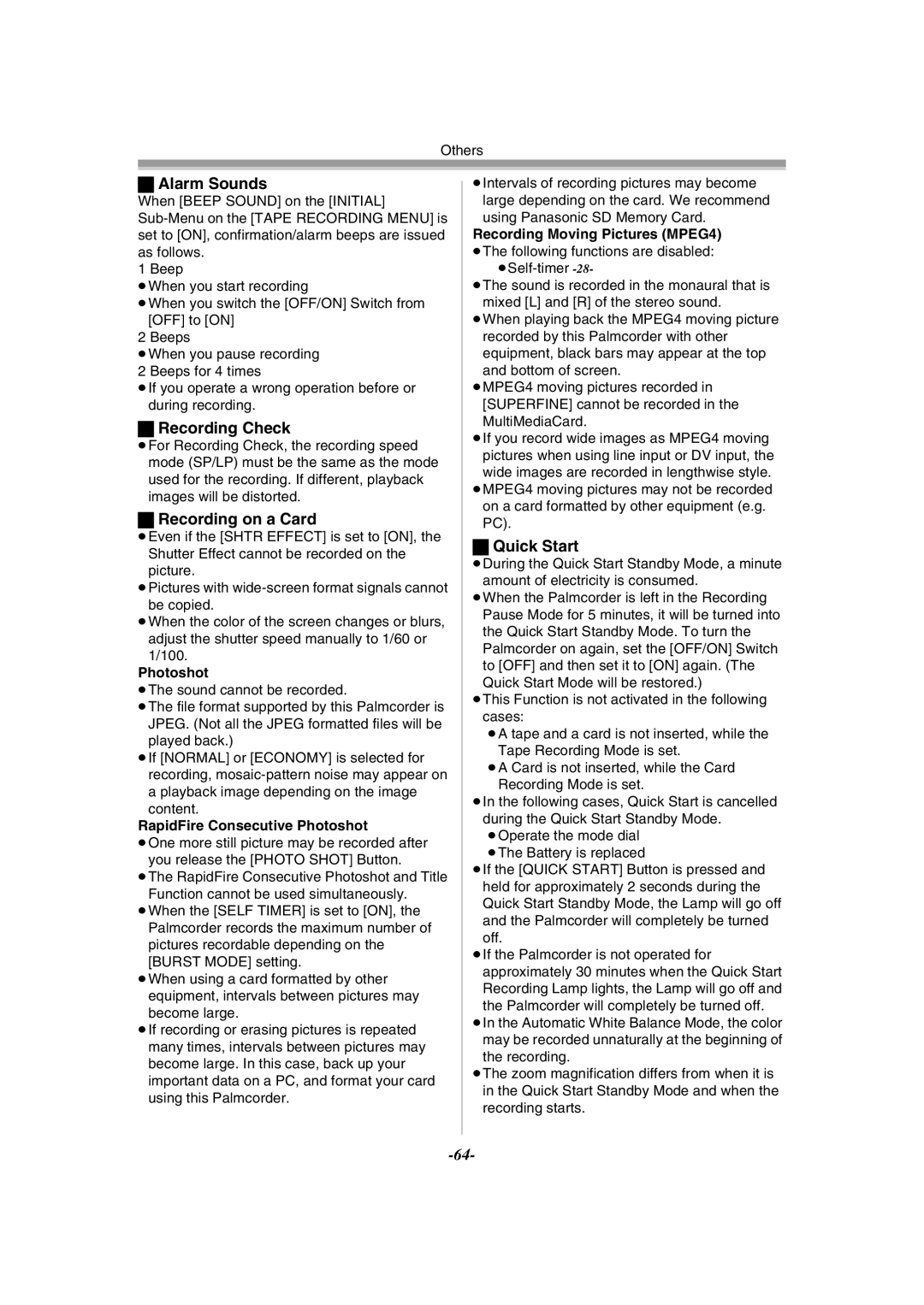 Panasonic PV-GS55 operating instructions Alarm Sounds, Recording Check, Recording on a Card, Quick Start 