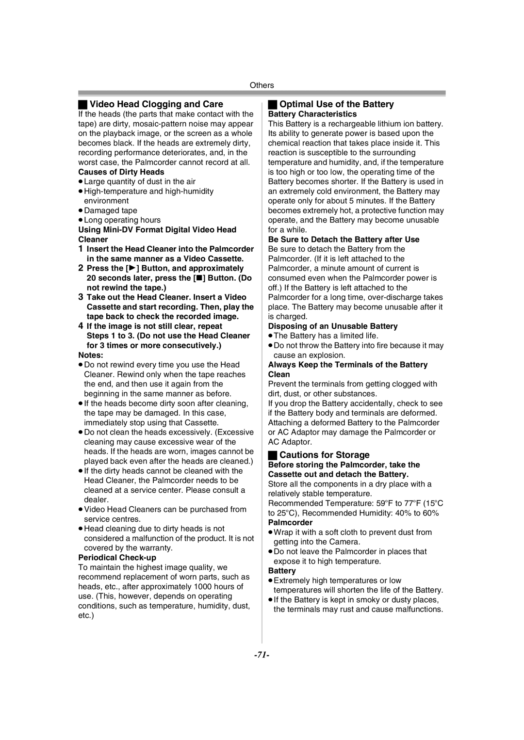 Panasonic PV-GS55 operating instructions Video Head Clogging and Care, Optimal Use of the Battery 