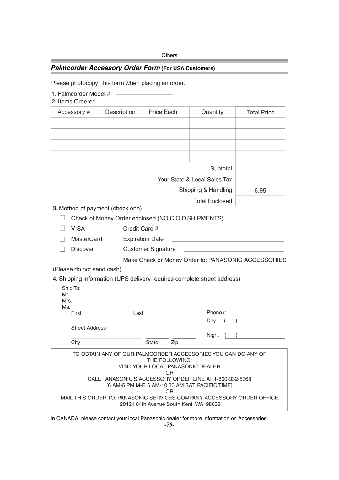 Panasonic PV-GS55 Palmcorder Accessory Order Form For USA Customers, AM-5 PM M-F, 6 AM-1030 AM SAT, Pacific Time 