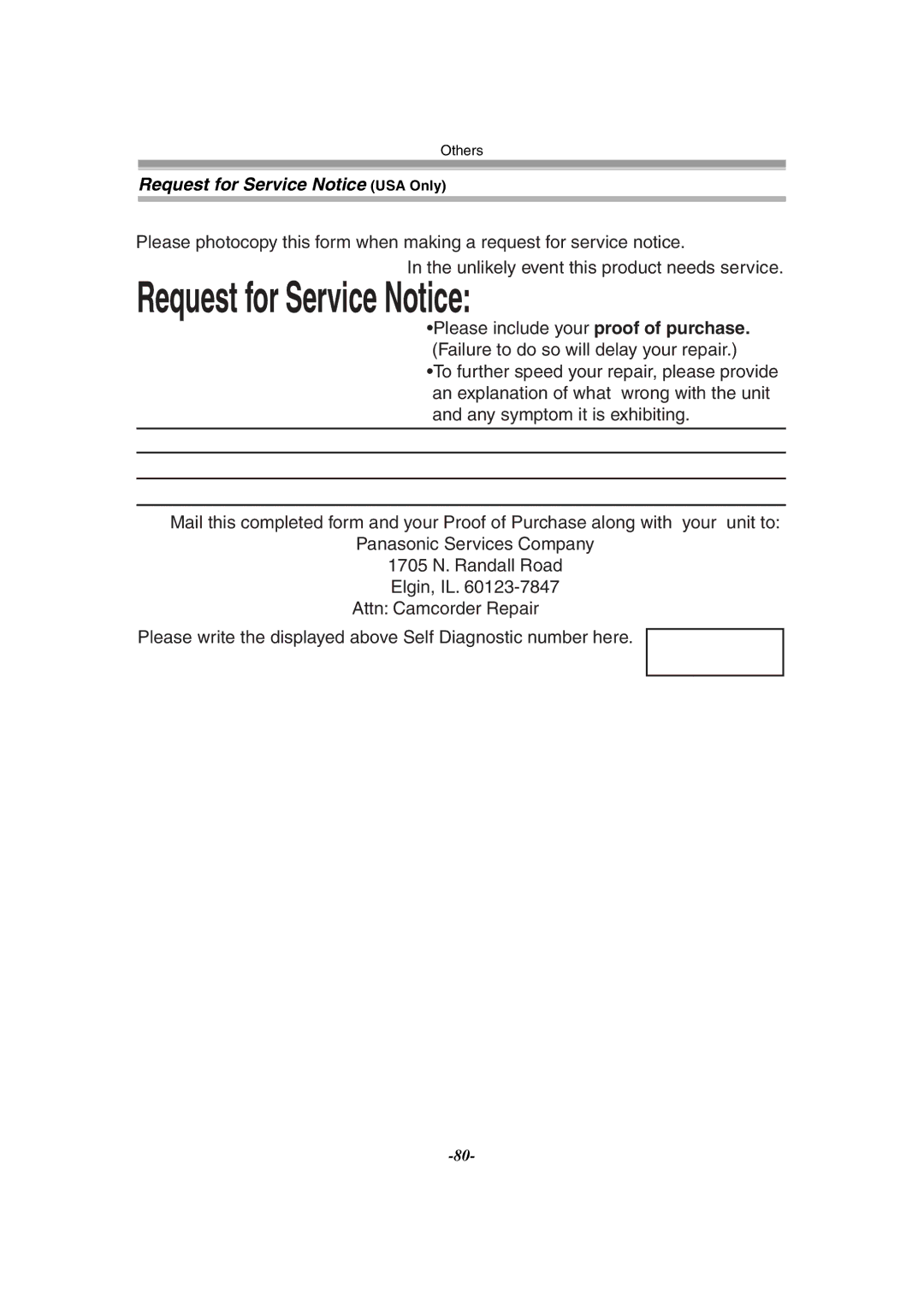 Panasonic PV-GS55 operating instructions Request for Service Notice USA Only 