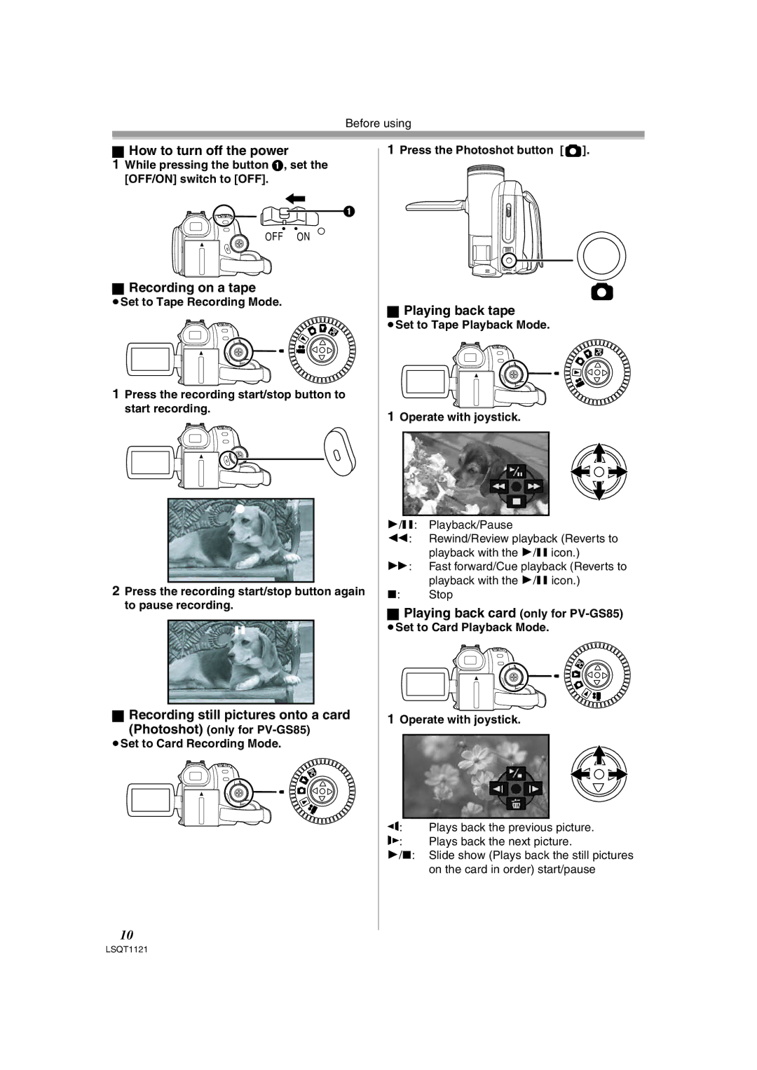 Panasonic PV-GS80 How to turn off the power, Recording on a tape, Recording still pictures onto a card, Playing back tape 