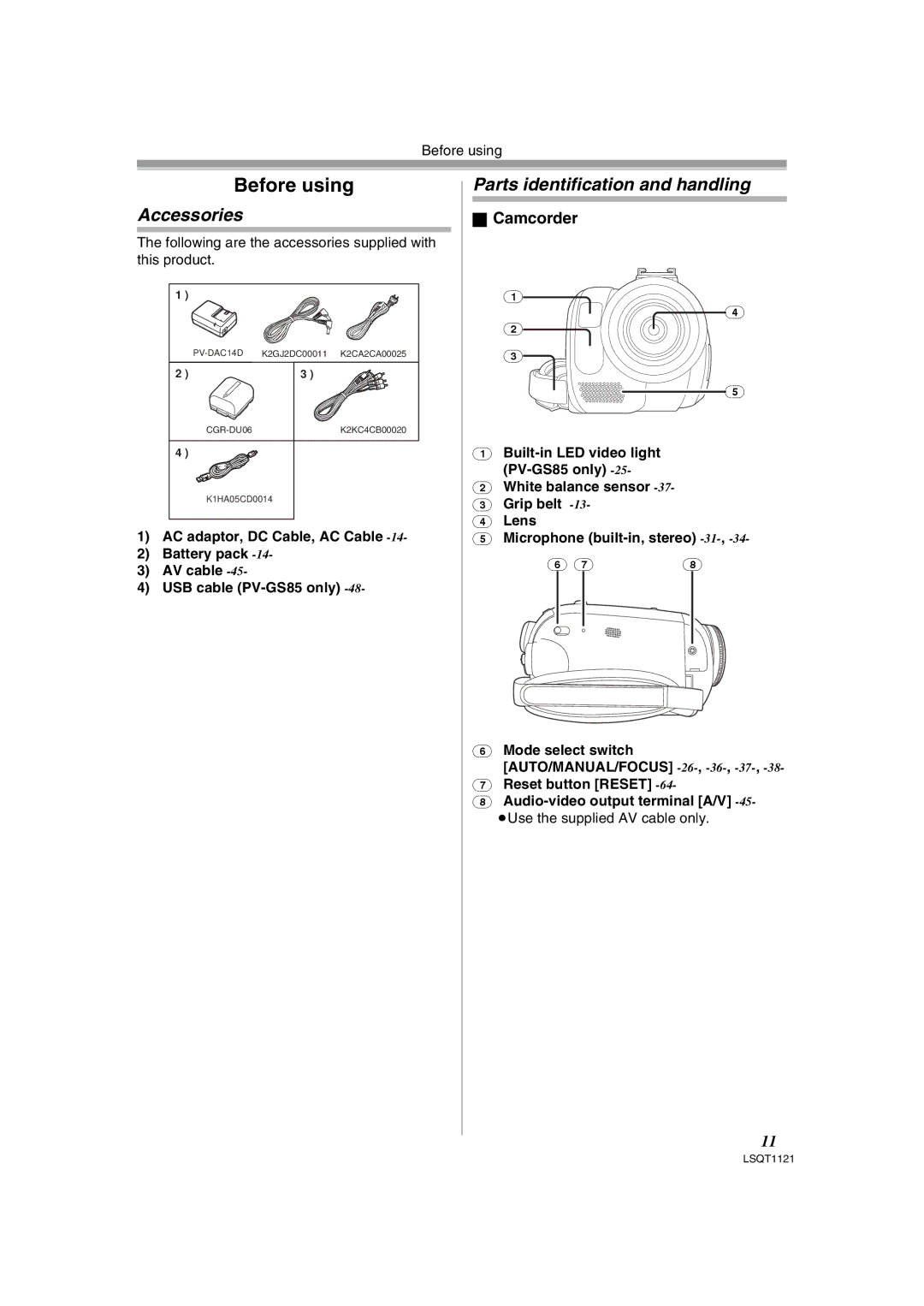 Panasonic PV-GS80 Accessories, Parts identification and handling, Camcorder, Battery pack AV cable USB cable PV-GS85 only 