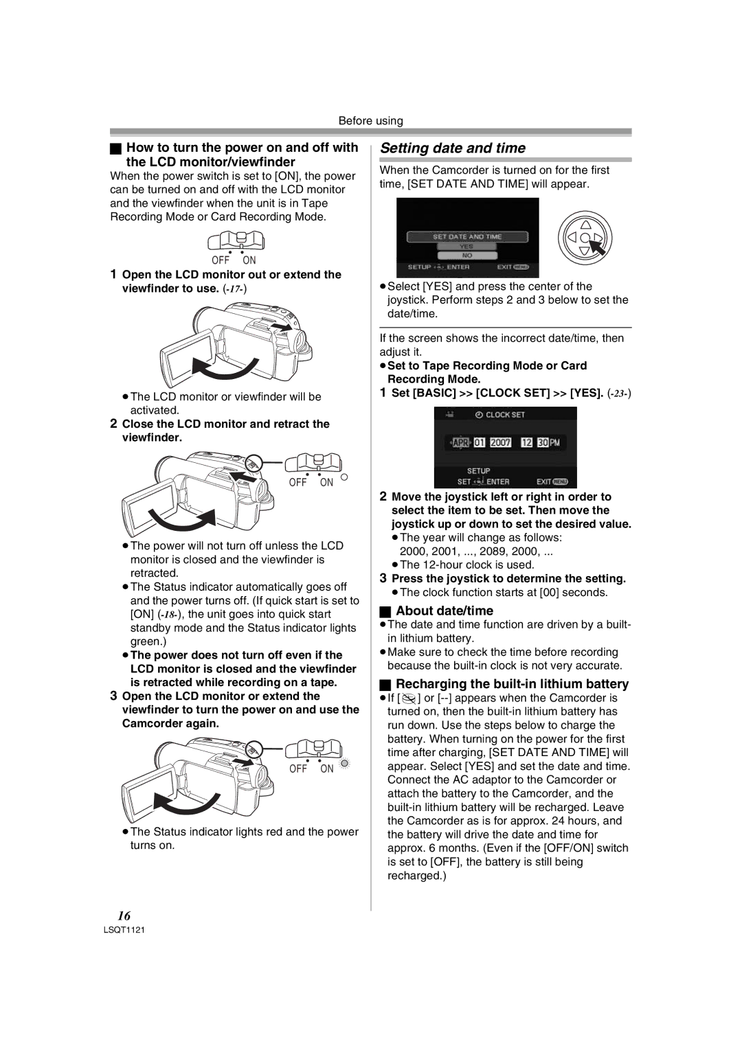 Panasonic PV-GS80 operating instructions Setting date and time, About date/time, Recharging the built-in lithium battery 