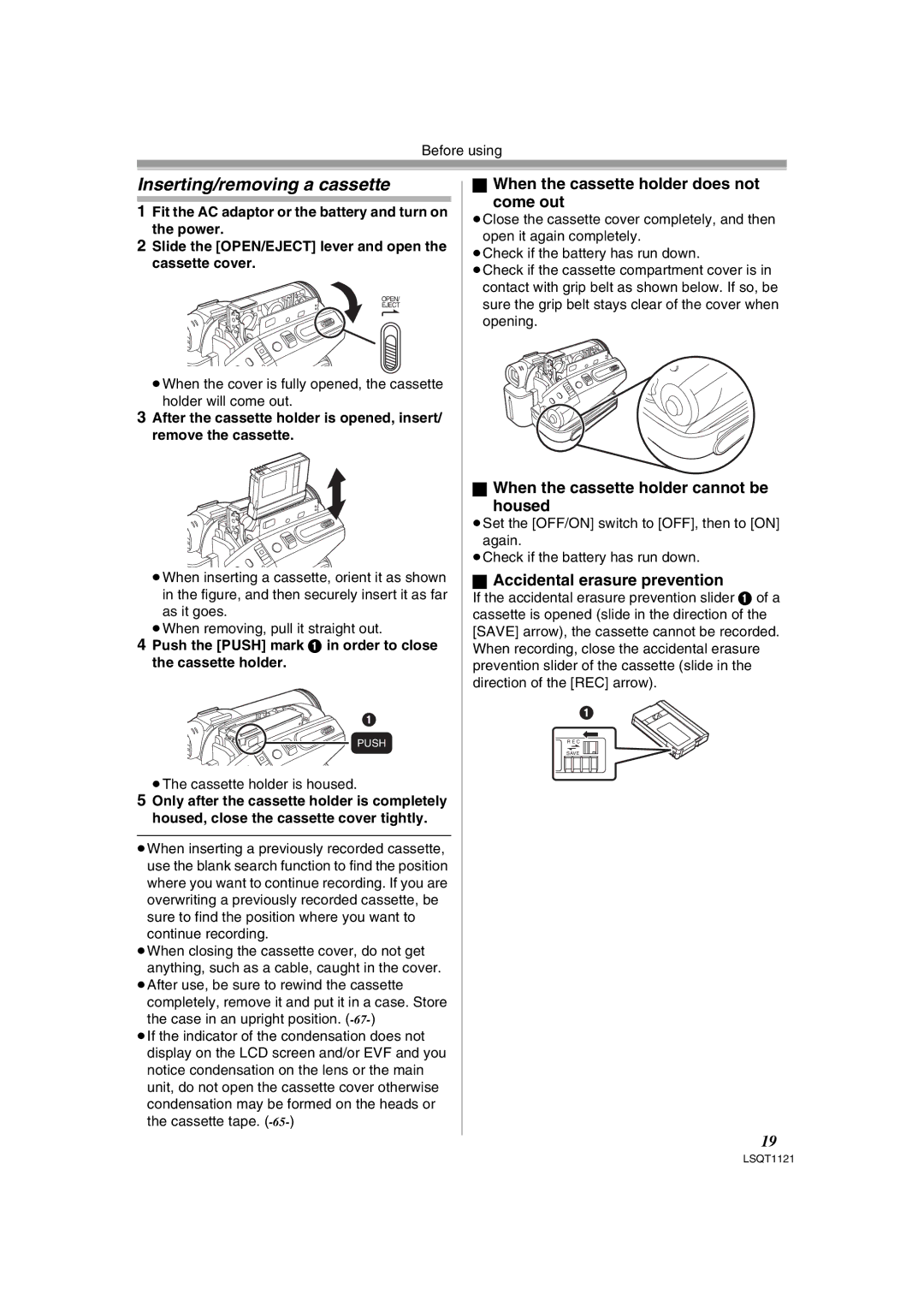 Panasonic PV-GS80 Inserting/removing a cassette, When the cassette holder does not Come out, Accidental erasure prevention 