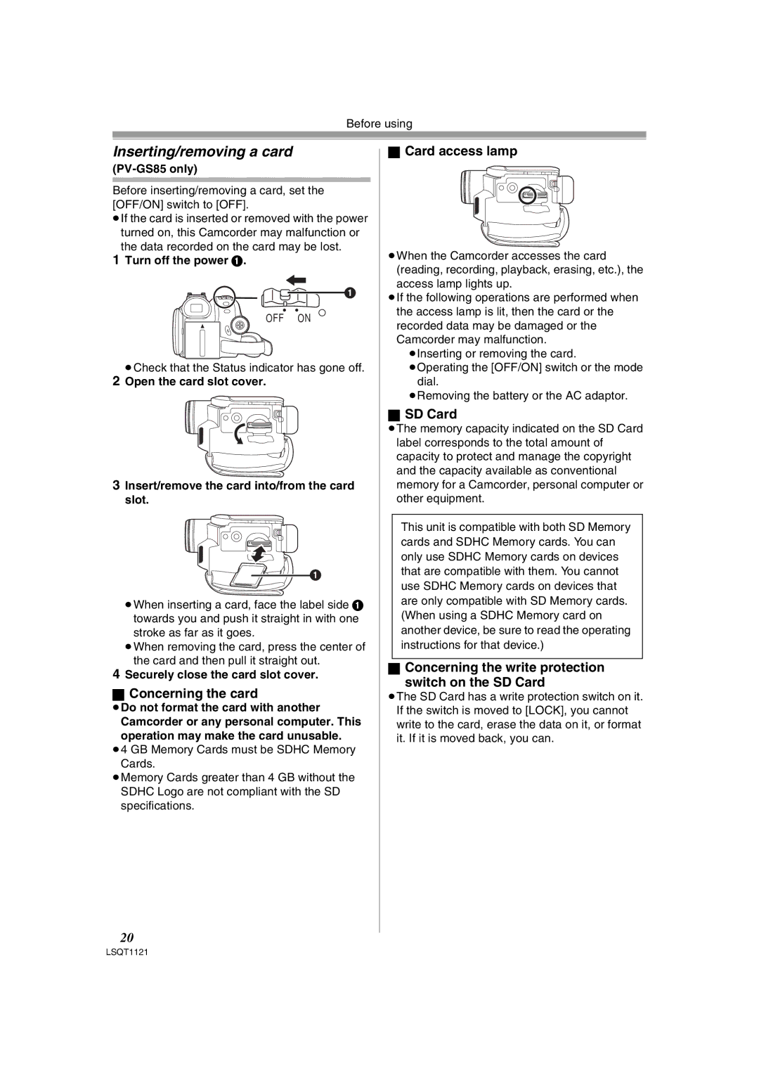 Panasonic PV-GS80 operating instructions Inserting/removing a card, Concerning the card, Card access lamp, SD Card 