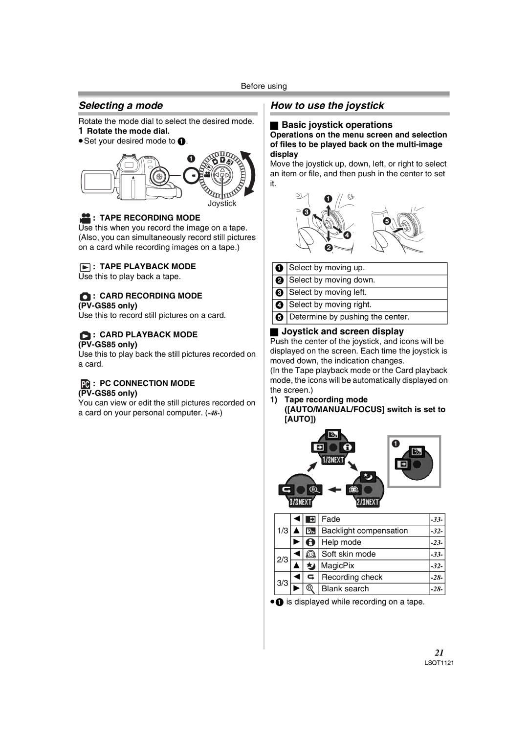 Panasonic PV-GS80 Selecting a mode, How to use the joystick, Basic joystick operations, Joystick and screen display 