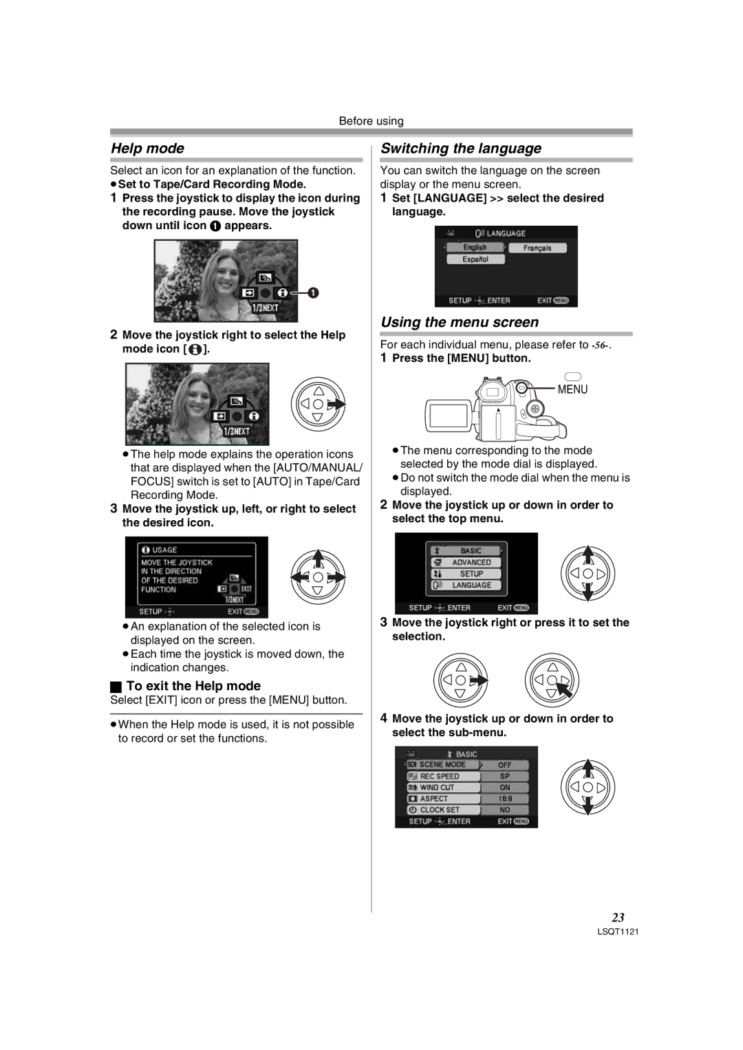 Panasonic PV-GS80 operating instructions Switching the language, Using the menu screen, To exit the Help mode 